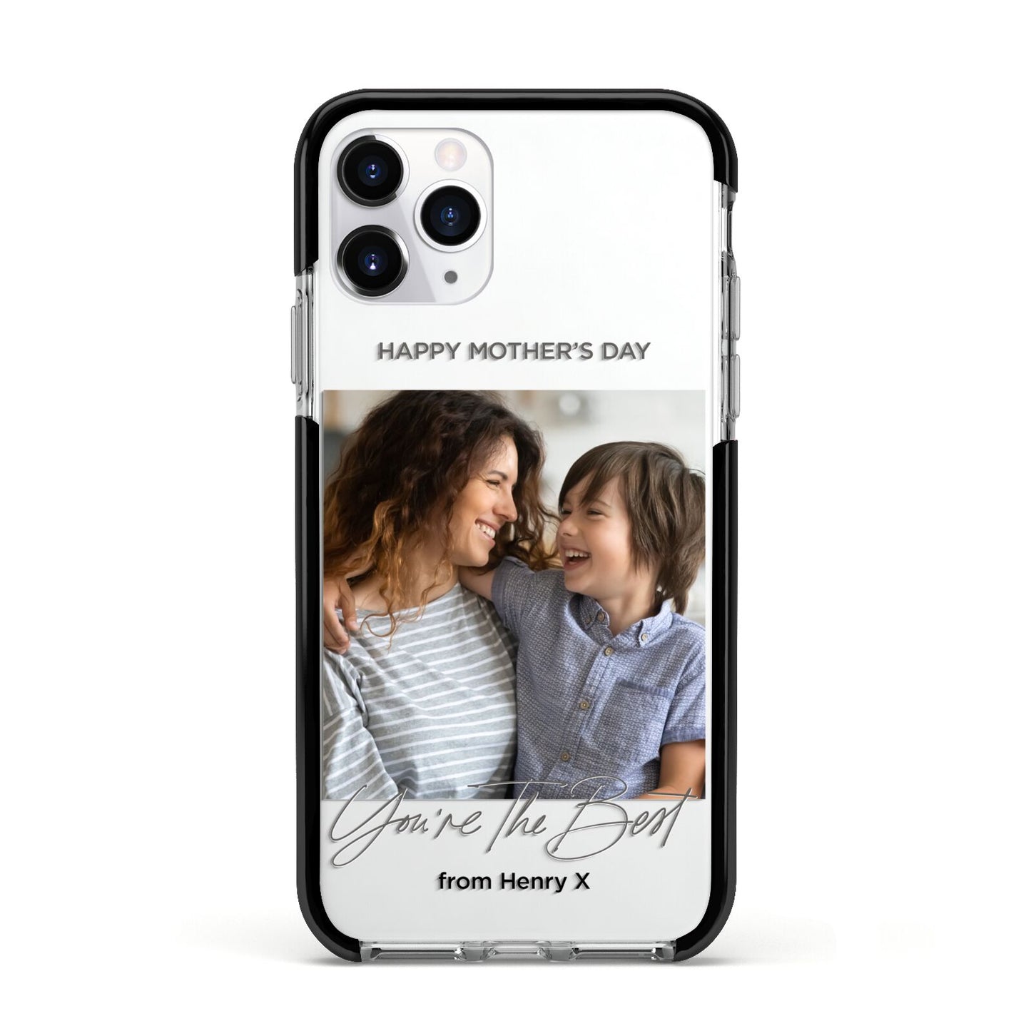 Mothers Day Photo with Name Apple iPhone 11 Pro in Silver with Black Impact Case