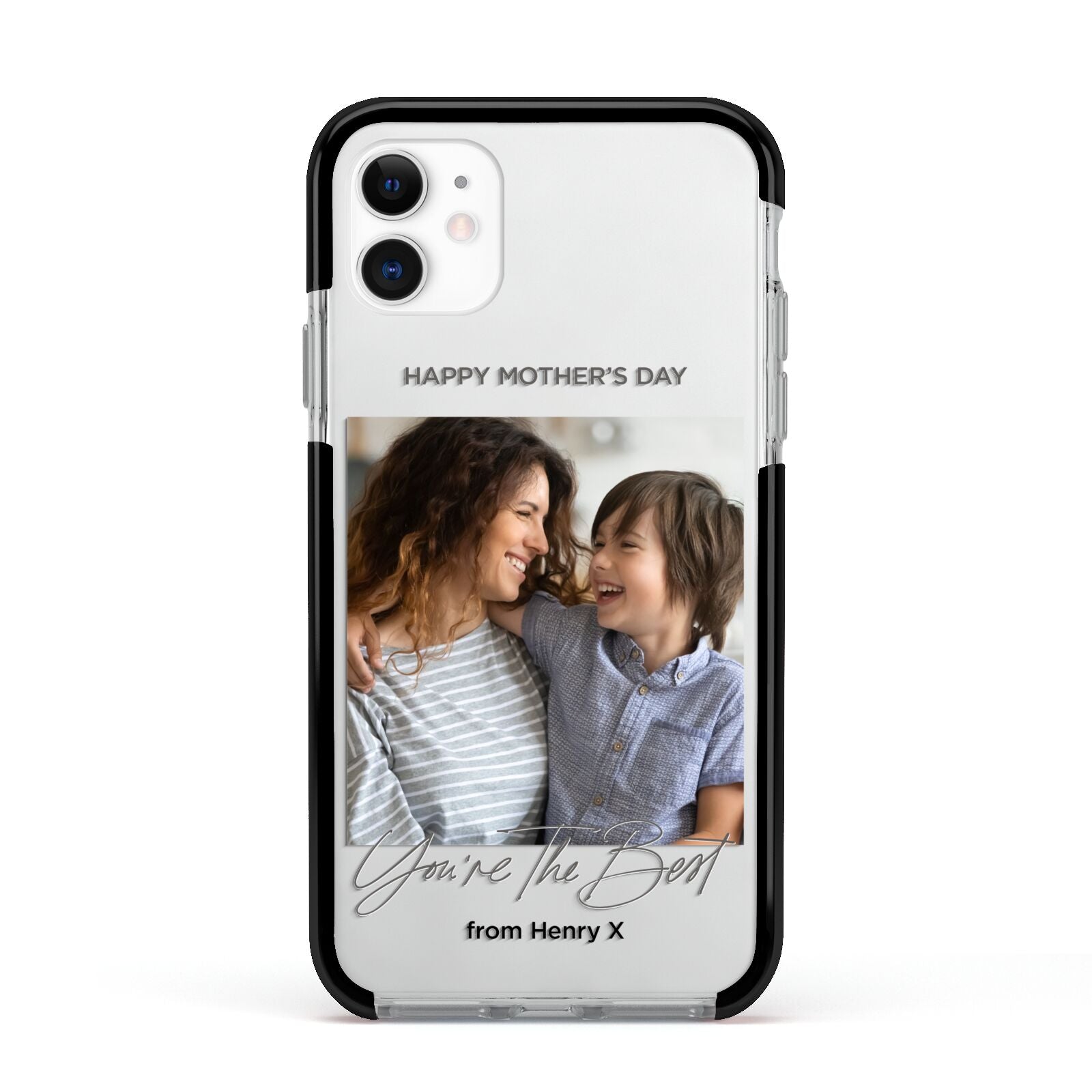 Mothers Day Photo with Name Apple iPhone 11 in White with Black Impact Case