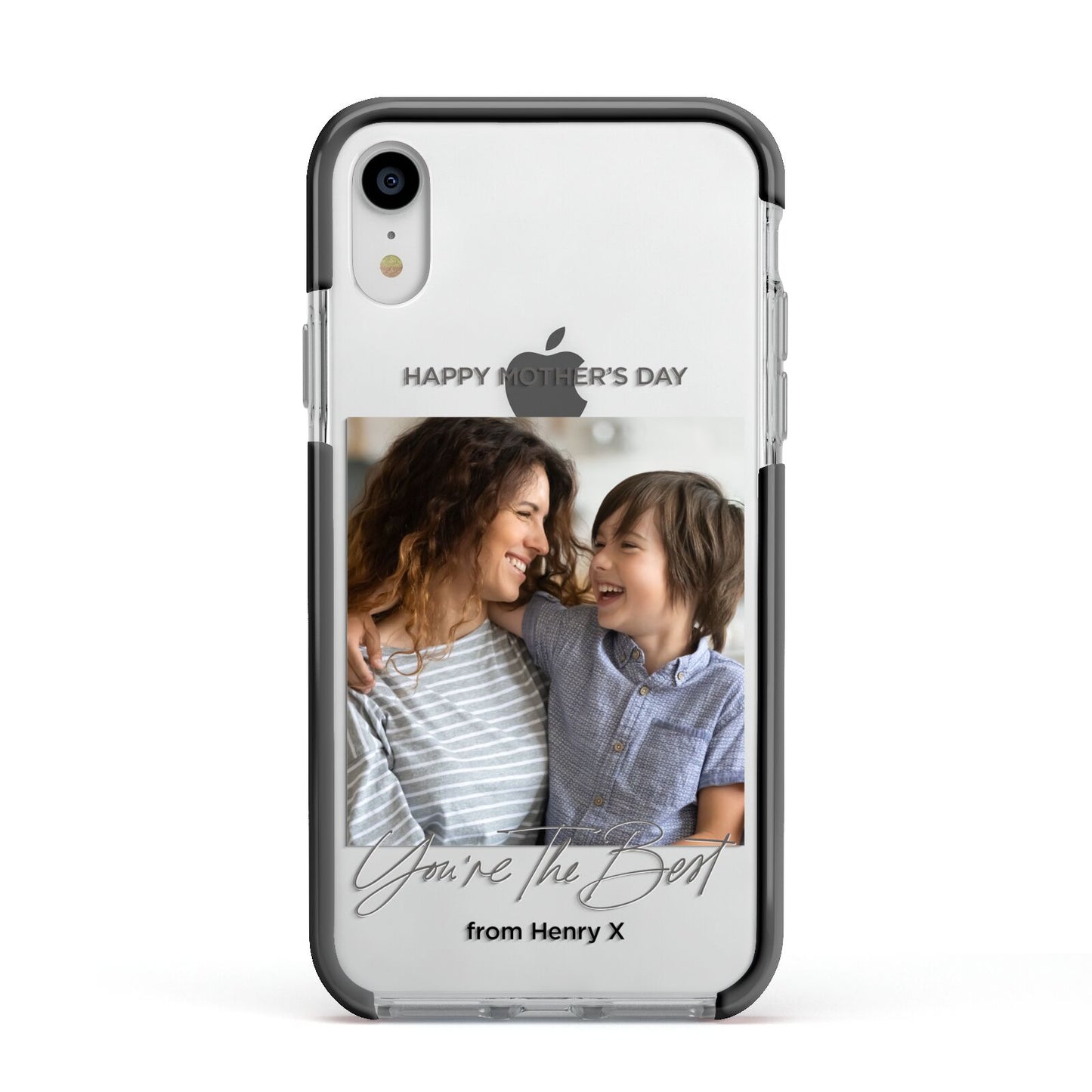 Mothers Day Photo with Name Apple iPhone XR Impact Case Black Edge on Silver Phone