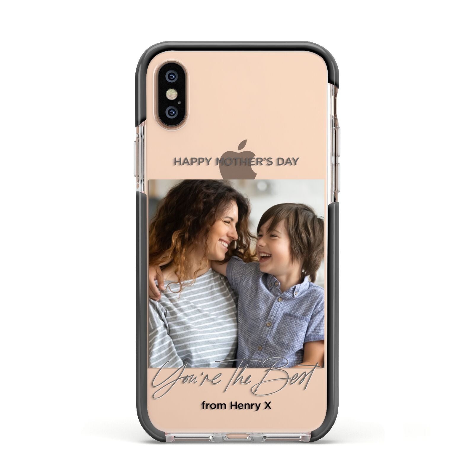 Mothers Day Photo with Name Apple iPhone Xs Impact Case Black Edge on Gold Phone