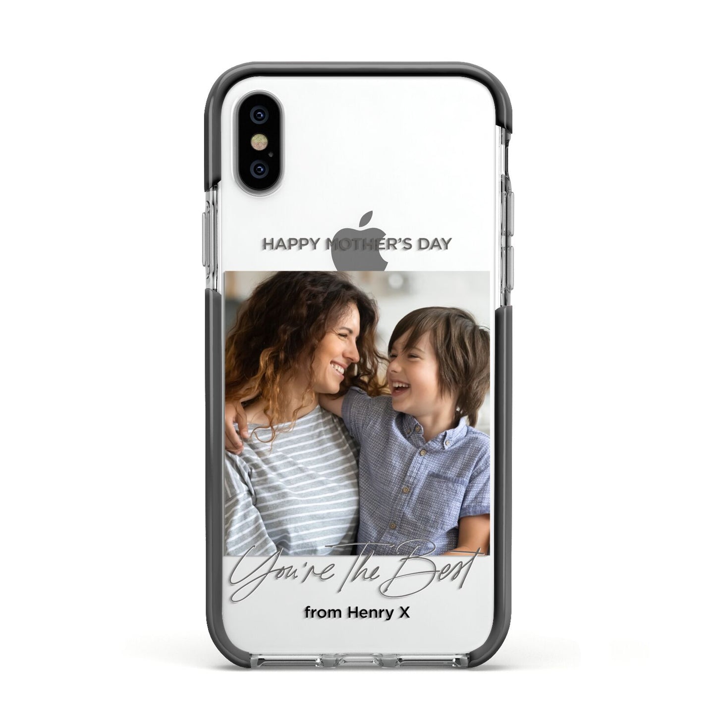 Mothers Day Photo with Name Apple iPhone Xs Impact Case Black Edge on Silver Phone