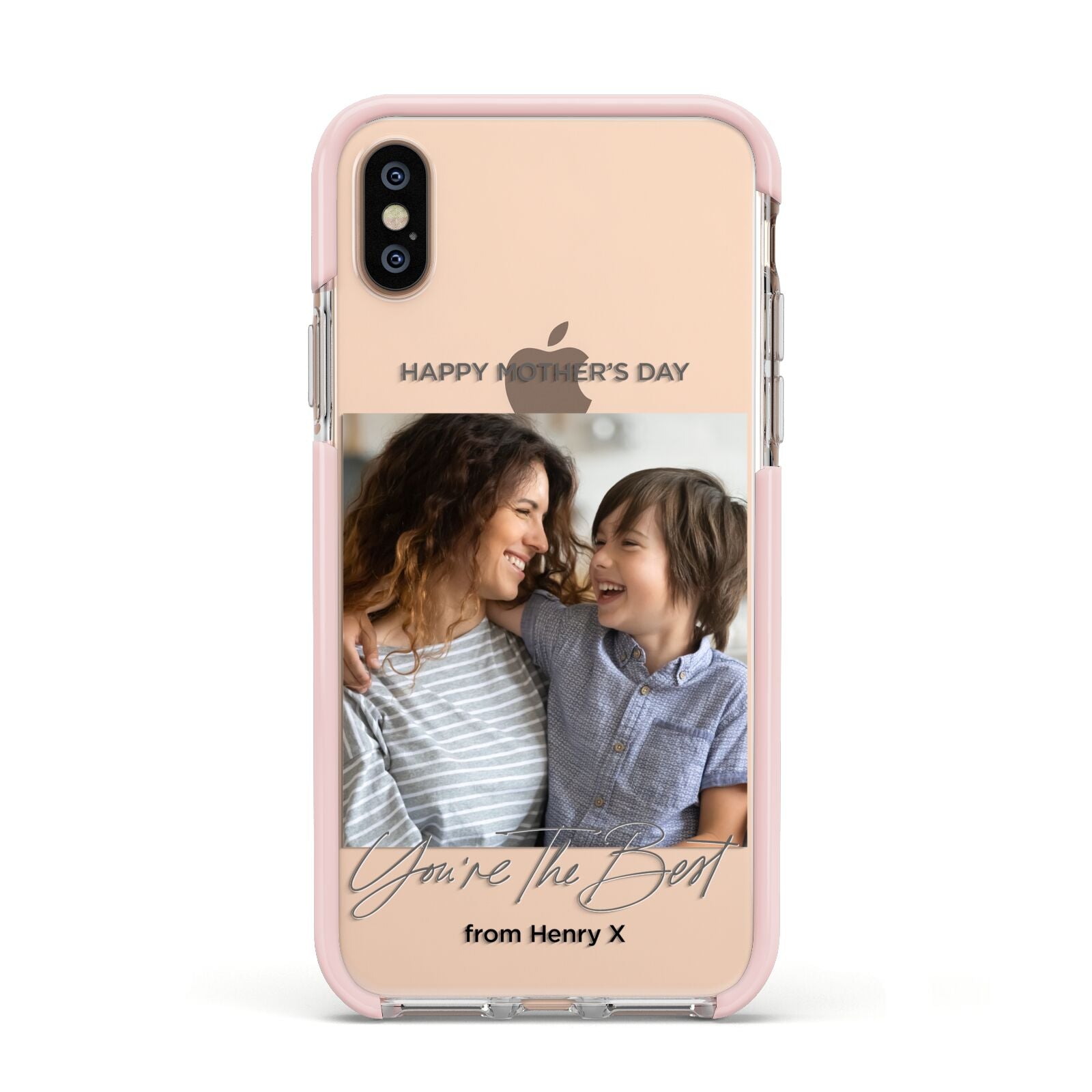 Mothers Day Photo with Name Apple iPhone Xs Impact Case Pink Edge on Gold Phone