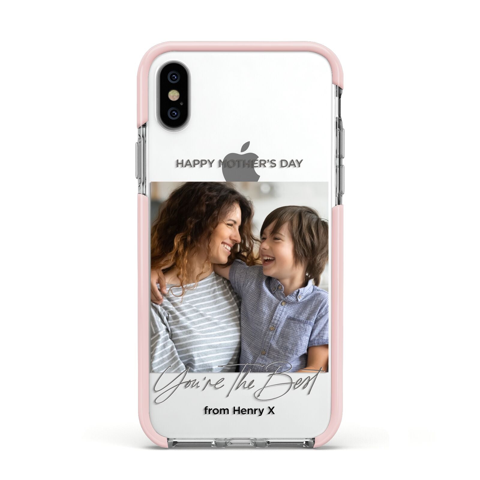 Mothers Day Photo with Name Apple iPhone Xs Impact Case Pink Edge on Silver Phone