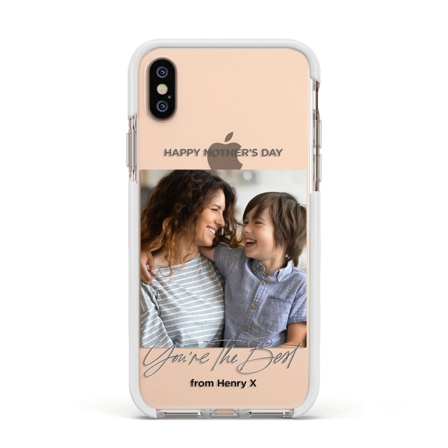 Mothers Day Photo with Name Apple iPhone Xs Impact Case White Edge on Gold Phone