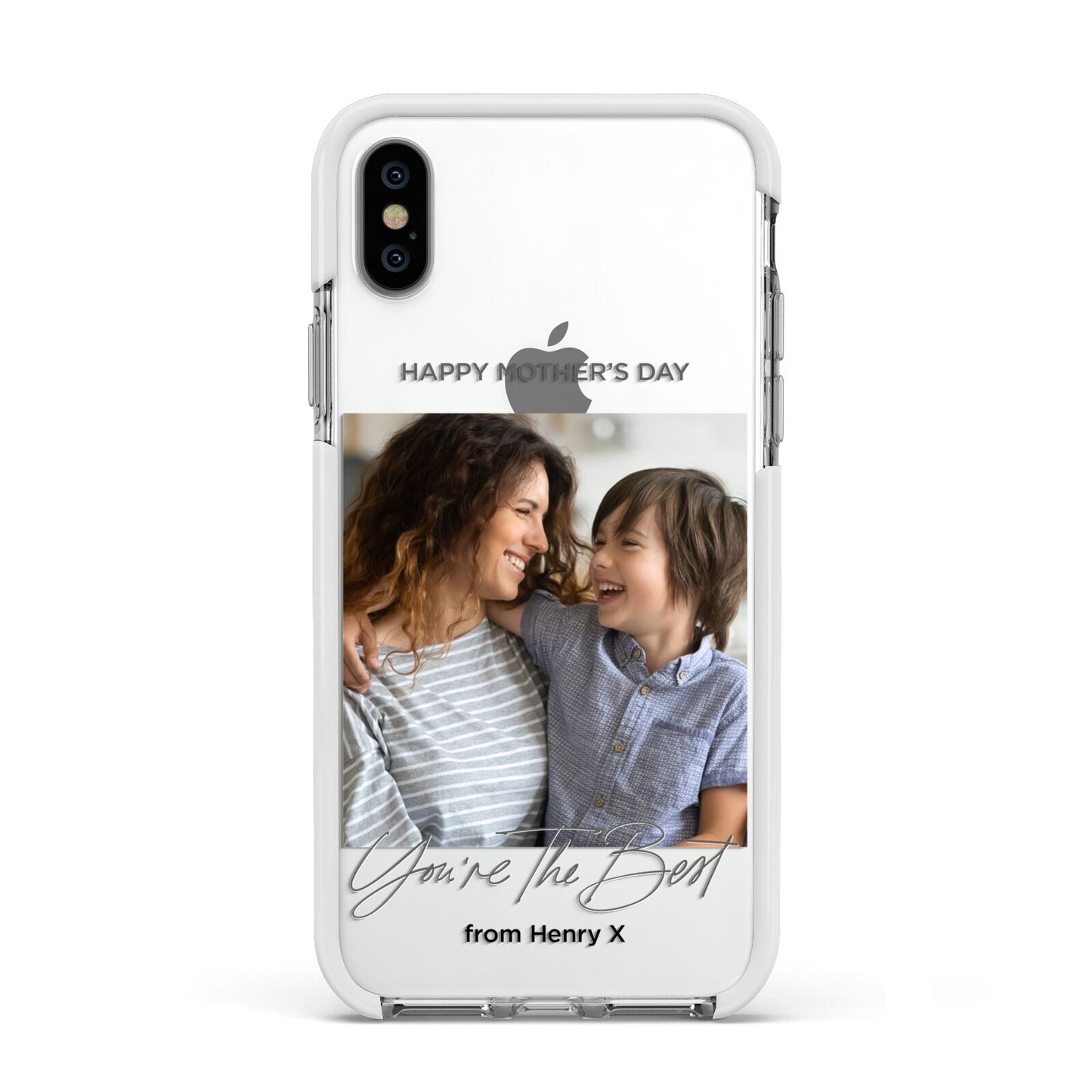 Mothers Day Photo with Name Apple iPhone Xs Impact Case White Edge on Silver Phone