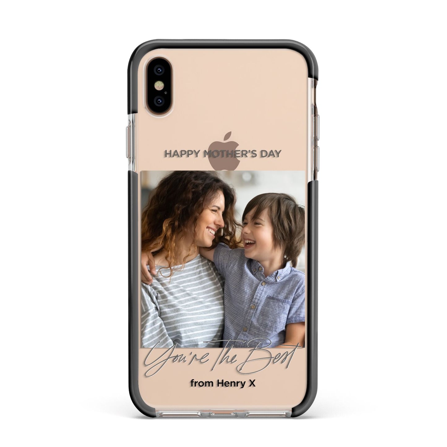 Mothers Day Photo with Name Apple iPhone Xs Max Impact Case Black Edge on Gold Phone