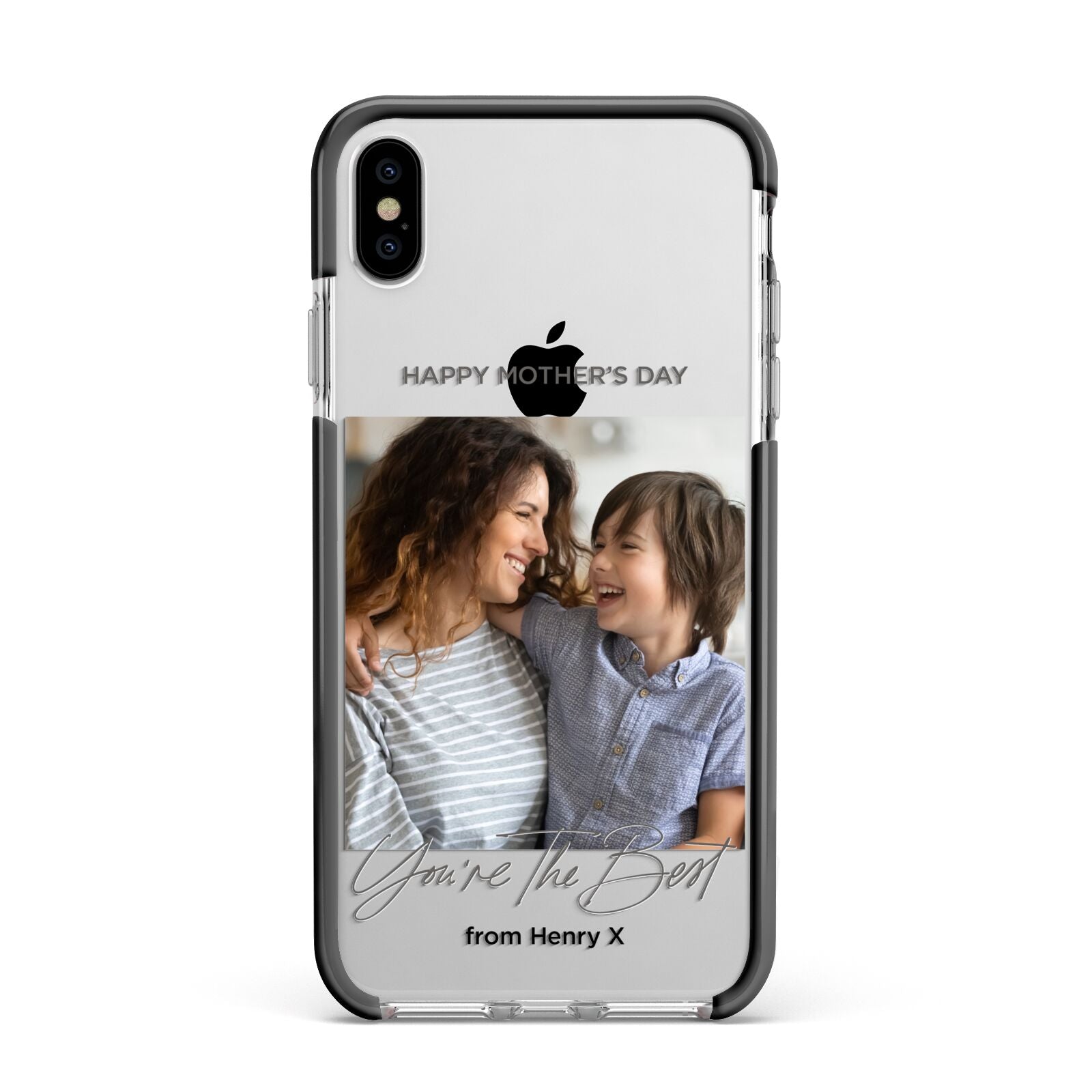 Mothers Day Photo with Name Apple iPhone Xs Max Impact Case Black Edge on Silver Phone