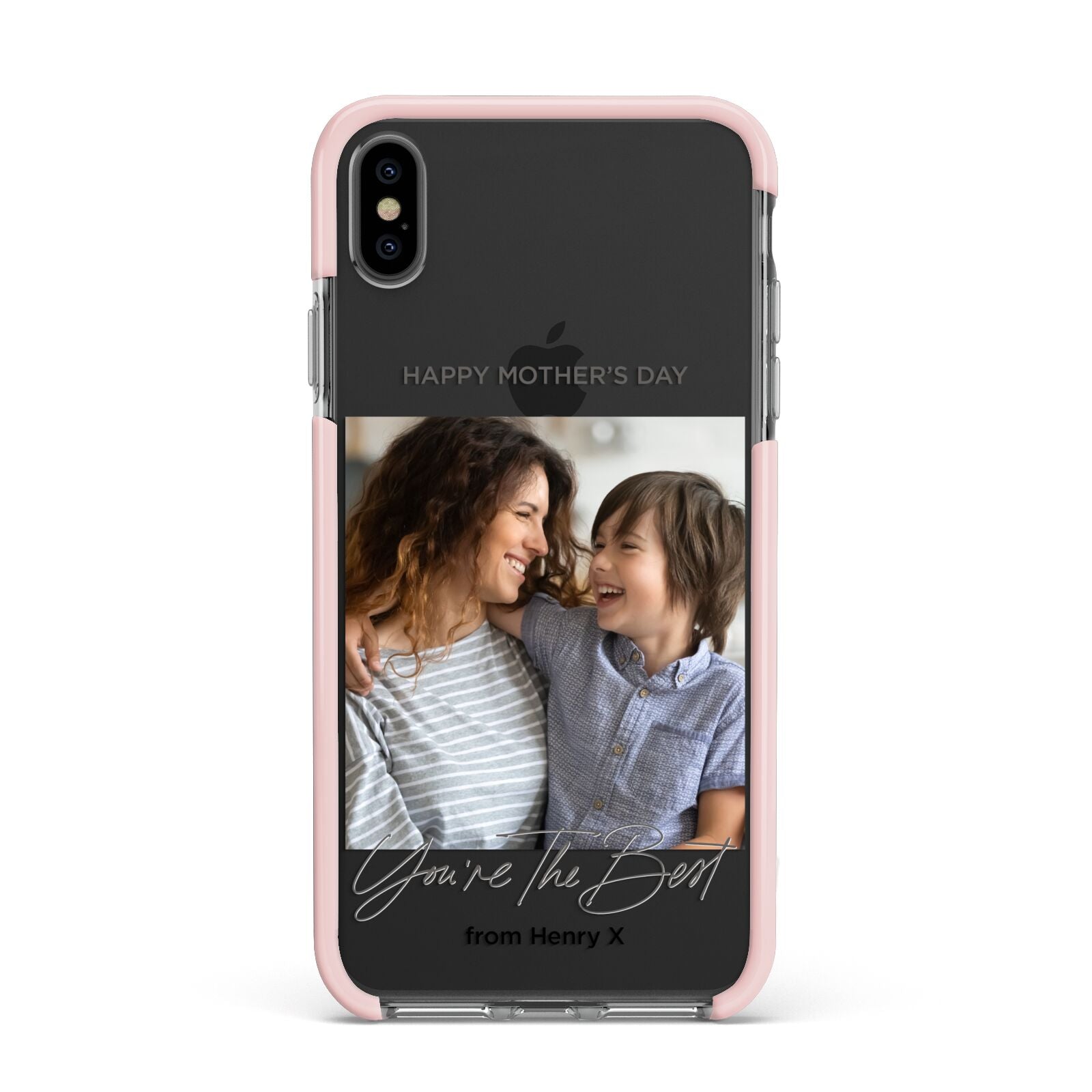 Mothers Day Photo with Name Apple iPhone Xs Max Impact Case Pink Edge on Black Phone