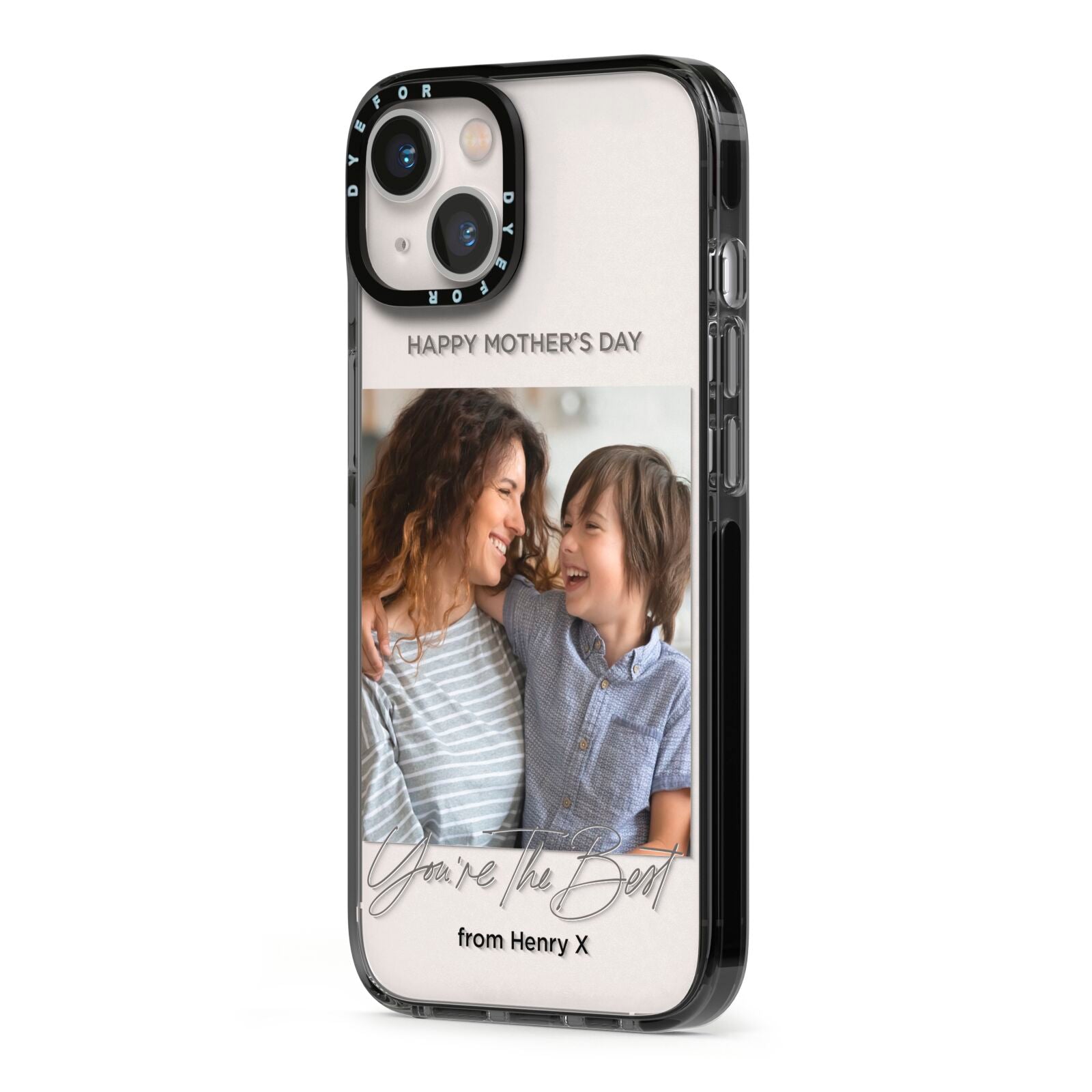 Mothers Day Photo with Name iPhone 13 Black Impact Case Side Angle on Silver phone