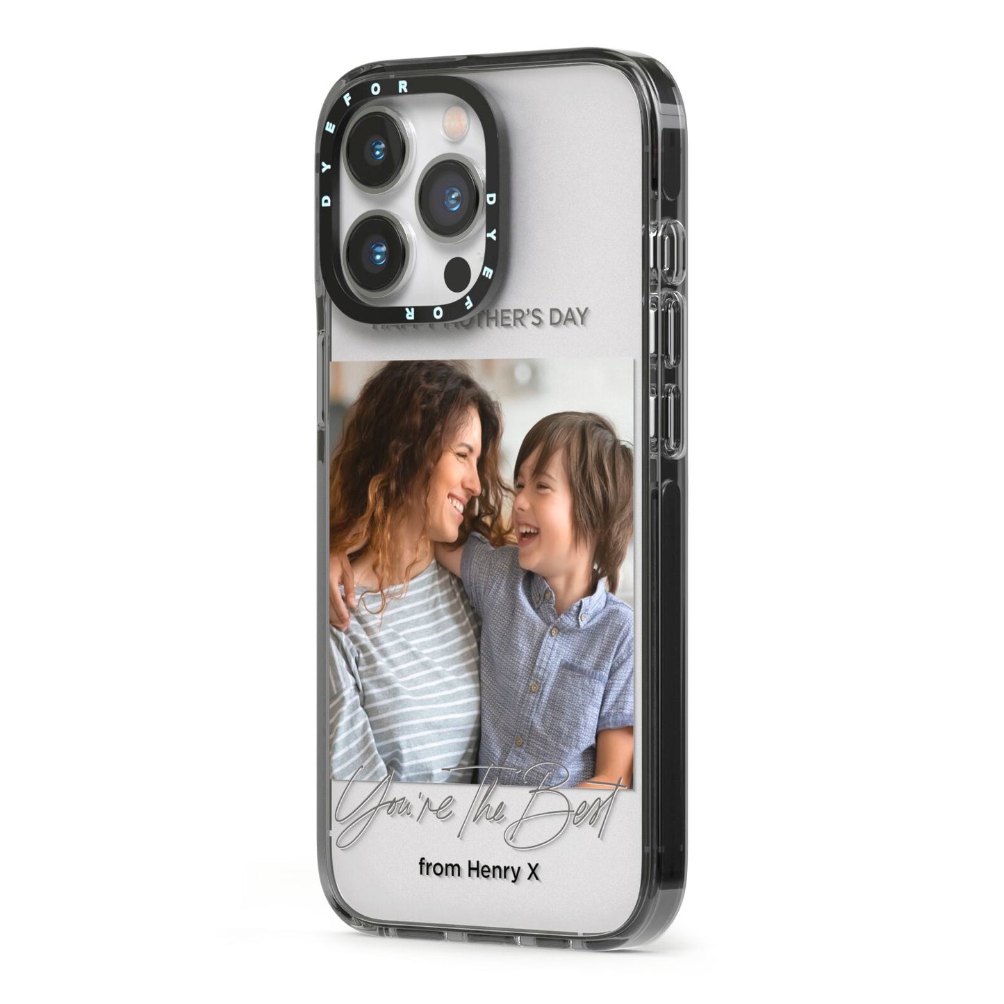 Mothers Day Photo with Name iPhone 13 Pro Black Impact Case Side Angle on Silver phone