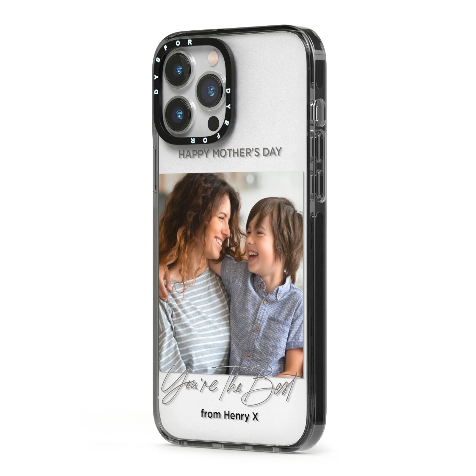 Mothers Day Photo with Name iPhone 13 Pro Max Black Impact Case Side Angle on Silver phone