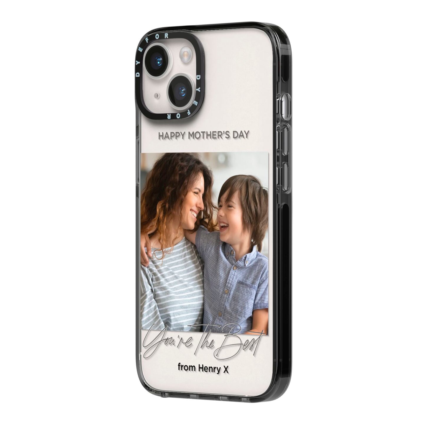 Mothers Day Photo with Name iPhone 14 Black Impact Case Side Angle on Silver phone