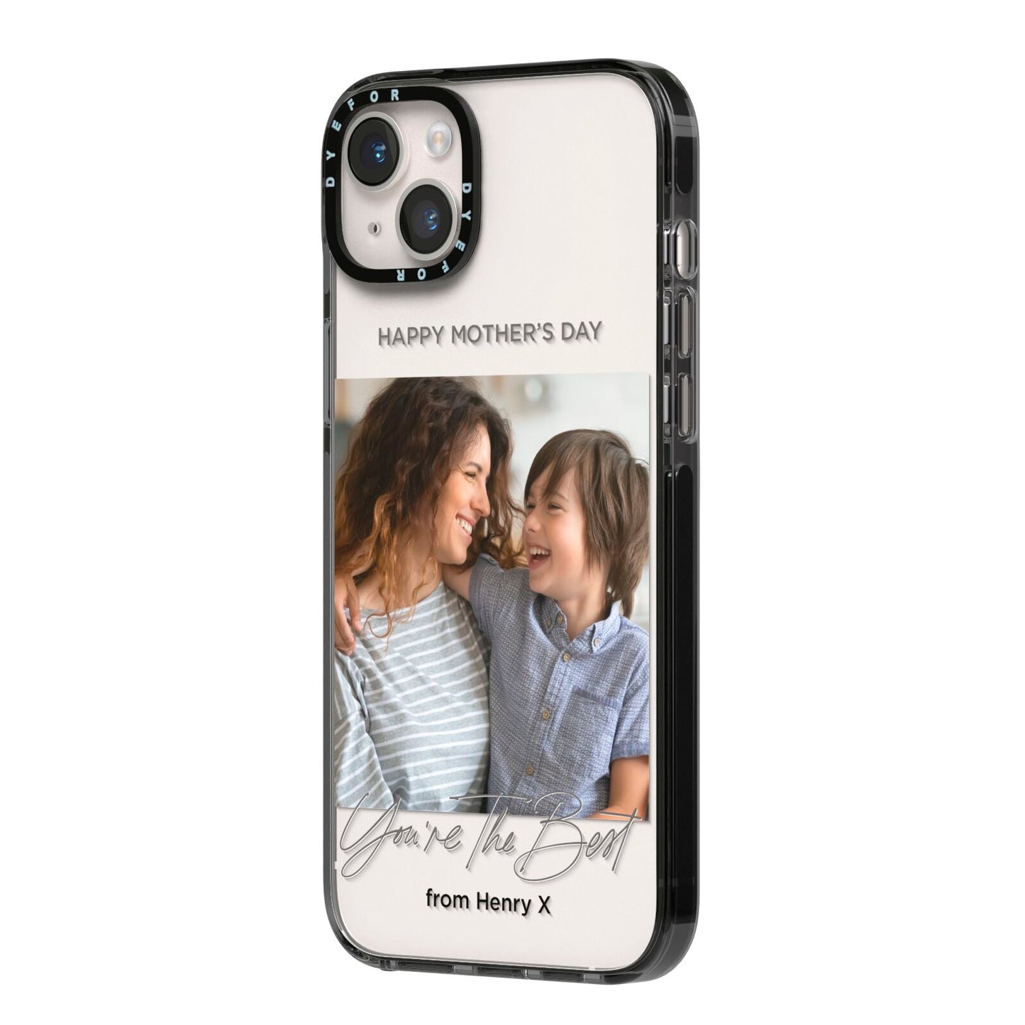 Mothers Day Photo with Name iPhone 14 Plus Black Impact Case Side Angle on Silver phone