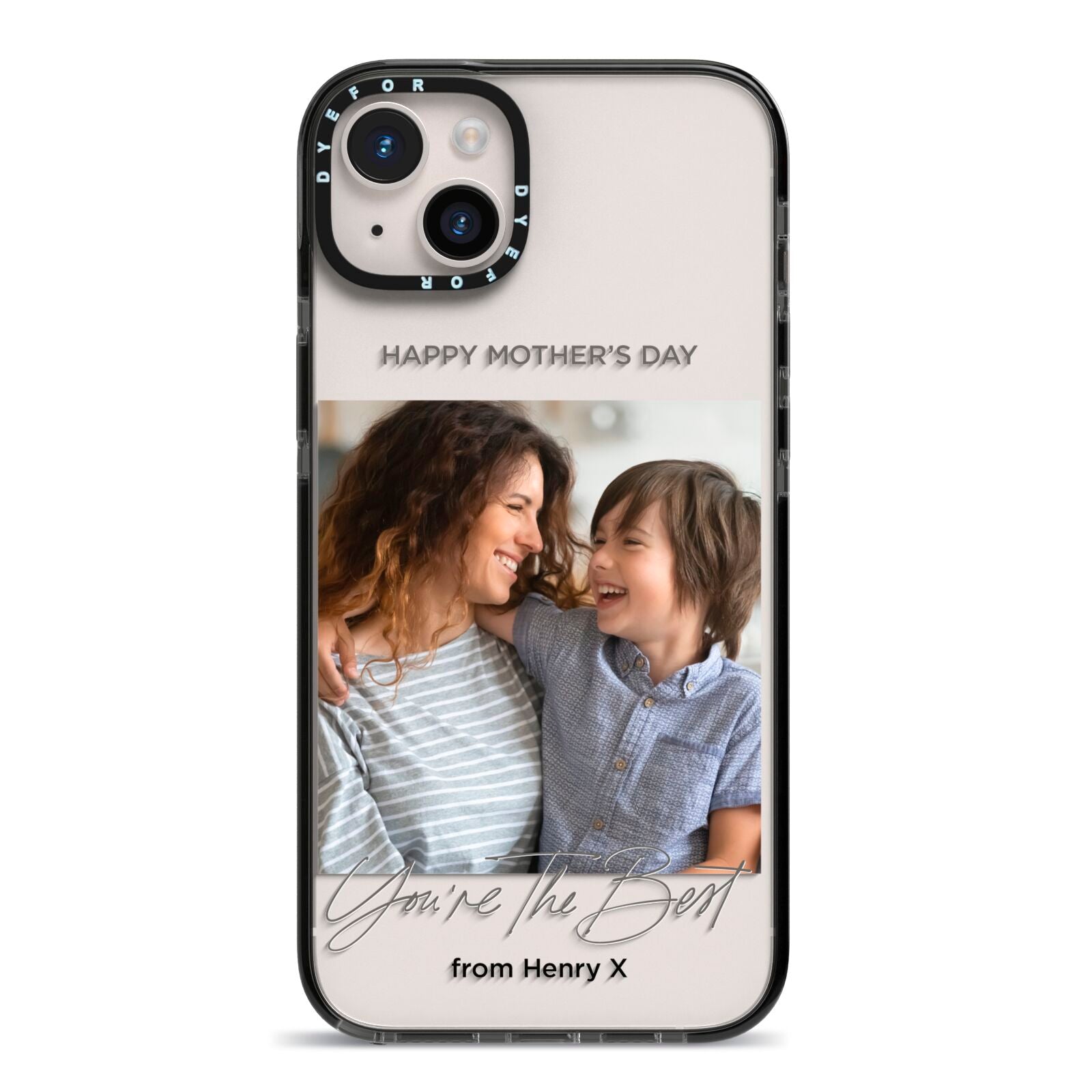 Mothers Day Photo with Name iPhone 14 Plus Black Impact Case on Silver phone