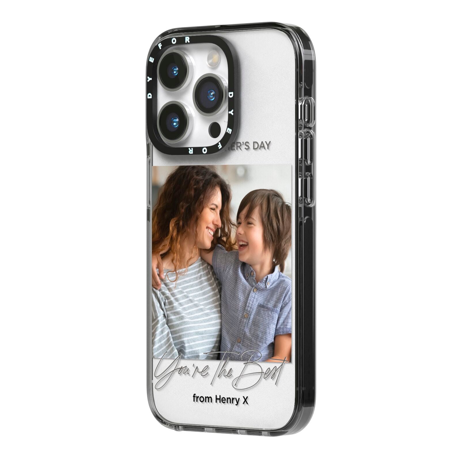 Mothers Day Photo with Name iPhone 14 Pro Black Impact Case Side Angle on Silver phone