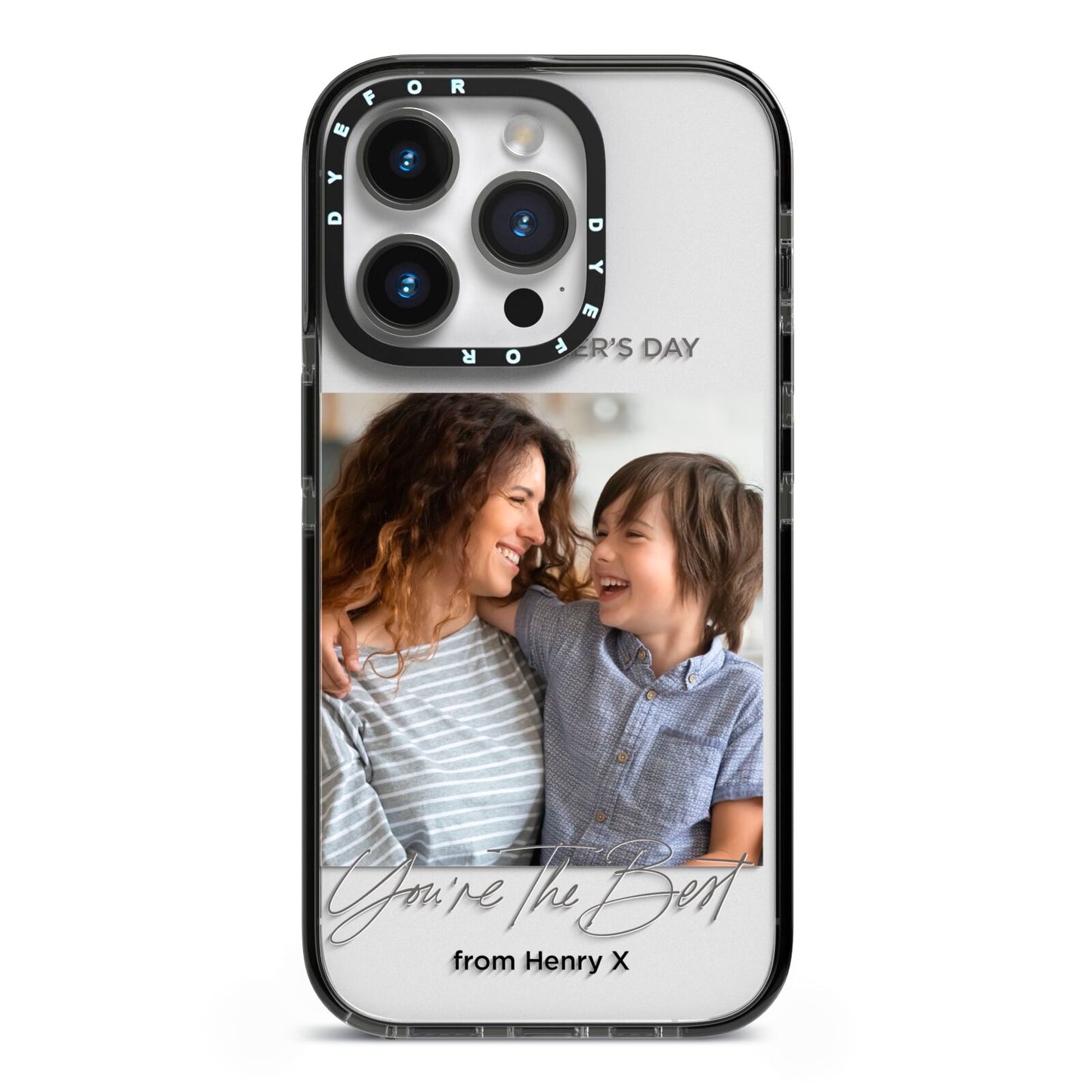 Mothers Day Photo with Name iPhone 14 Pro Black Impact Case on Silver phone