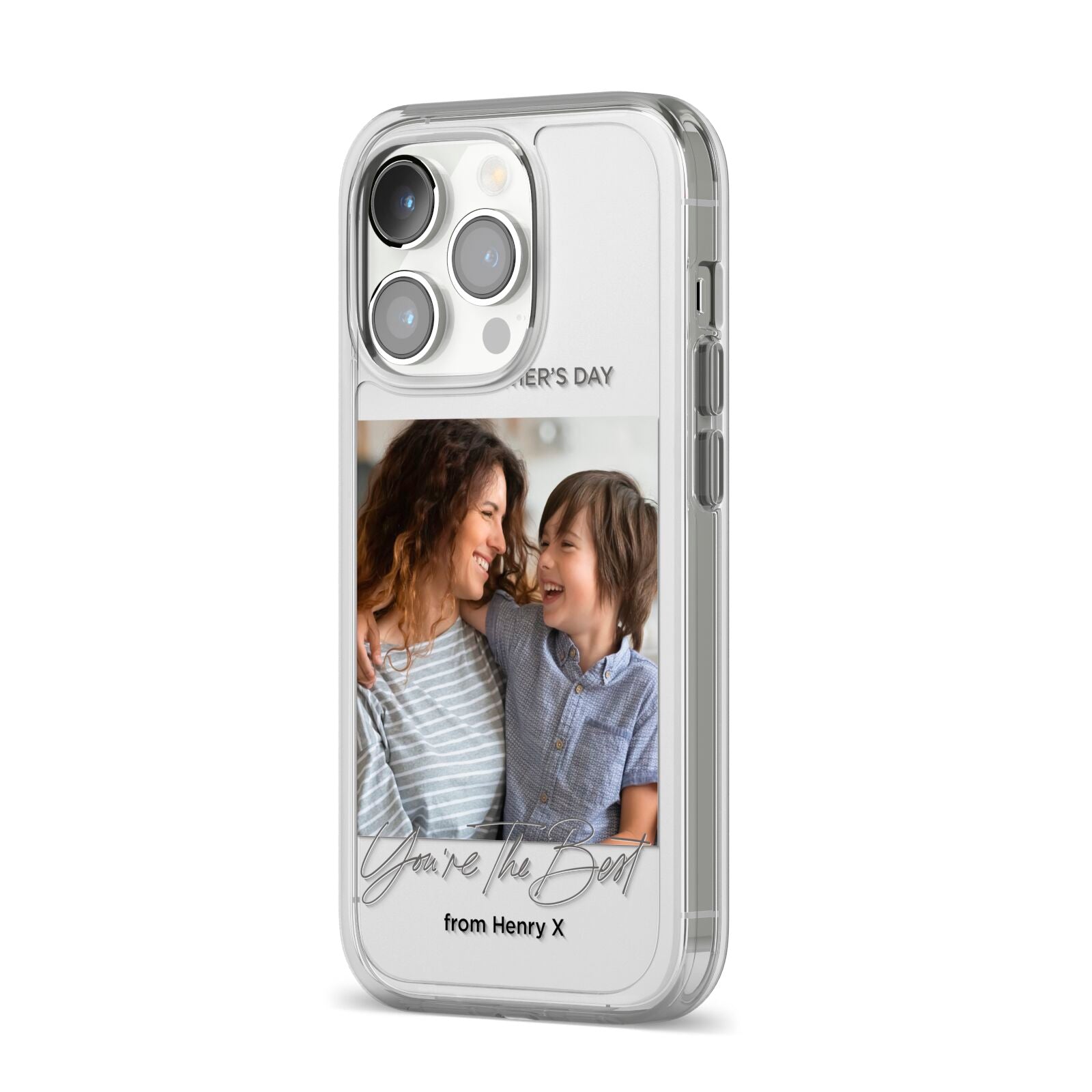 Mothers Day Photo with Name iPhone 14 Pro Clear Tough Case Silver Angled Image