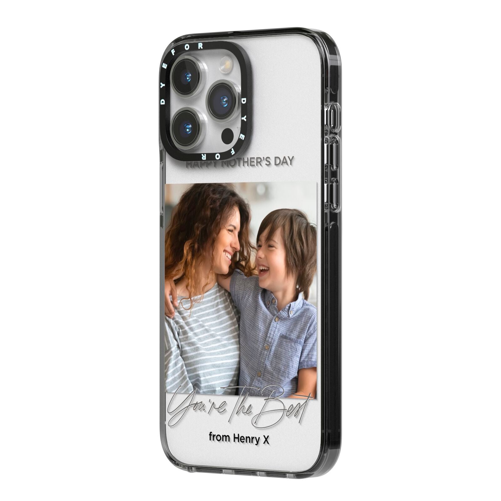 Mothers Day Photo with Name iPhone 14 Pro Max Black Impact Case Side Angle on Silver phone