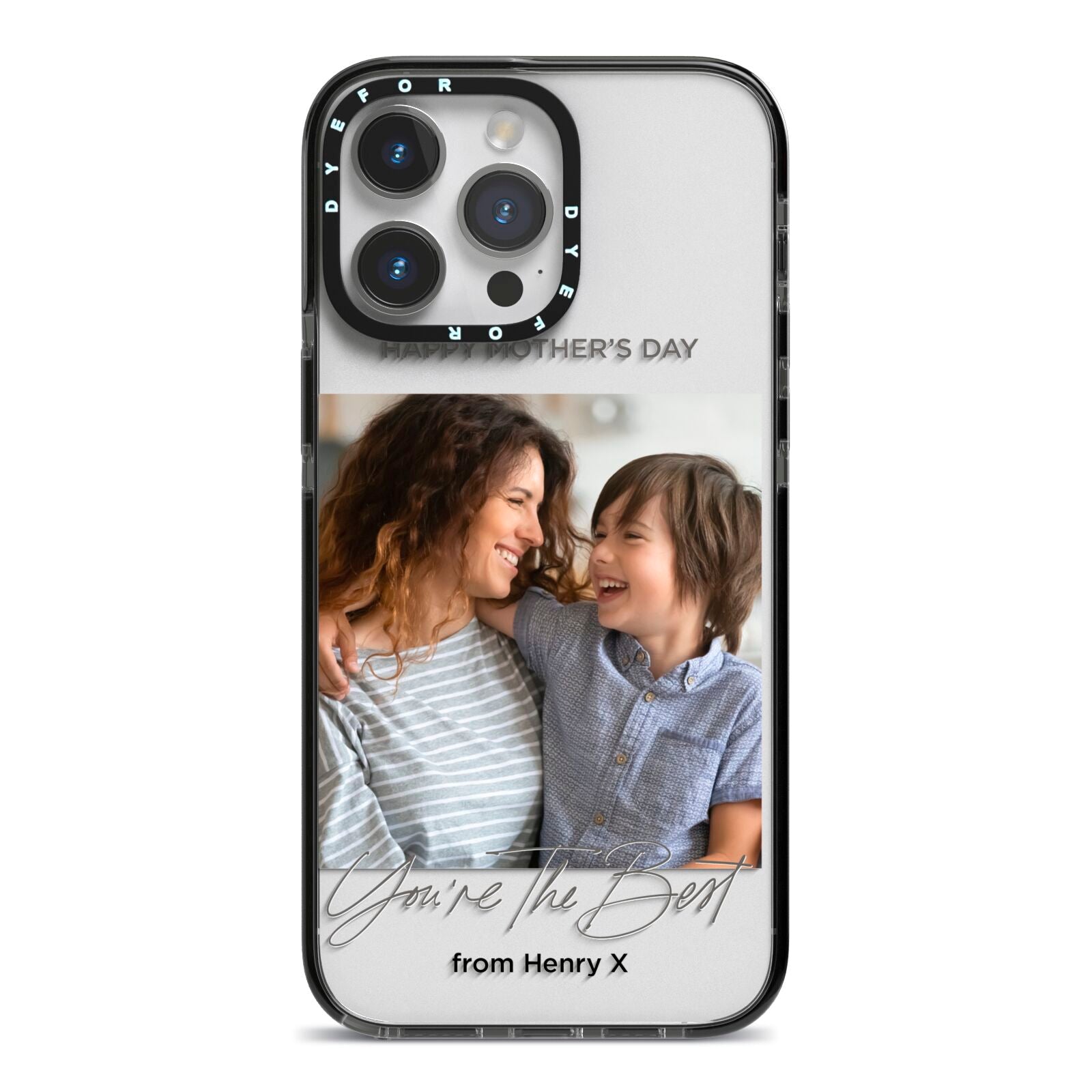 Mothers Day Photo with Name iPhone 14 Pro Max Black Impact Case on Silver phone