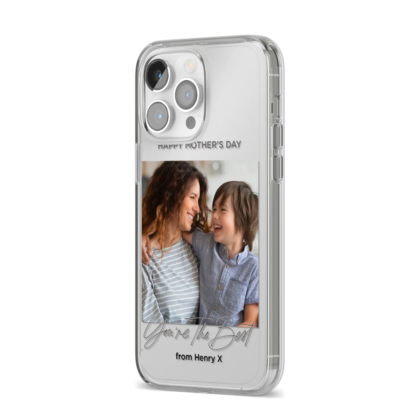 Mothers Day Photo with Name iPhone 14 Pro Max Clear Tough Case Silver Angled Image