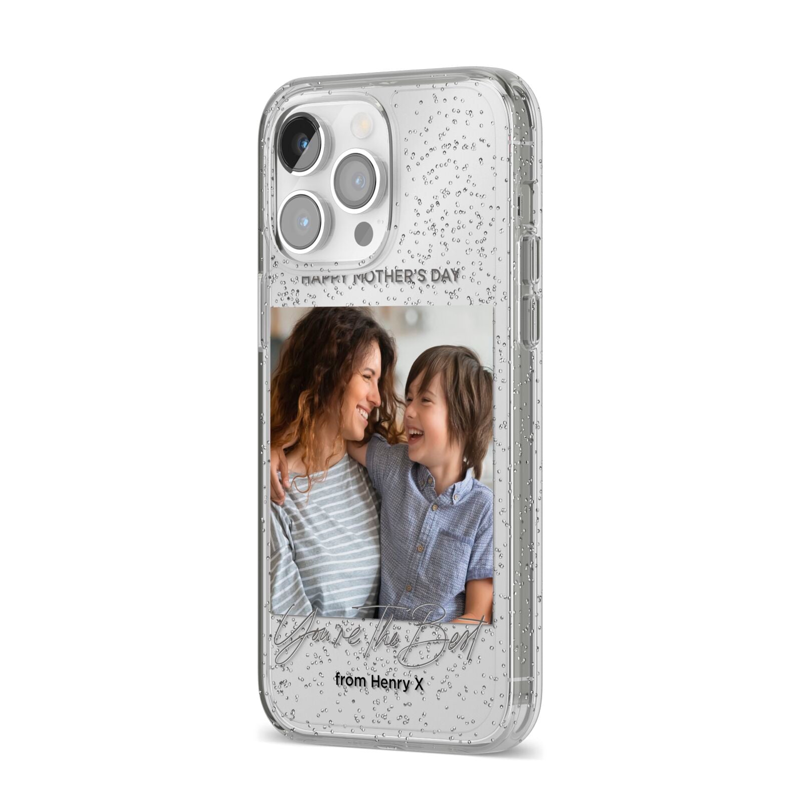 Mothers Day Photo with Name iPhone 14 Pro Max Glitter Tough Case Silver Angled Image