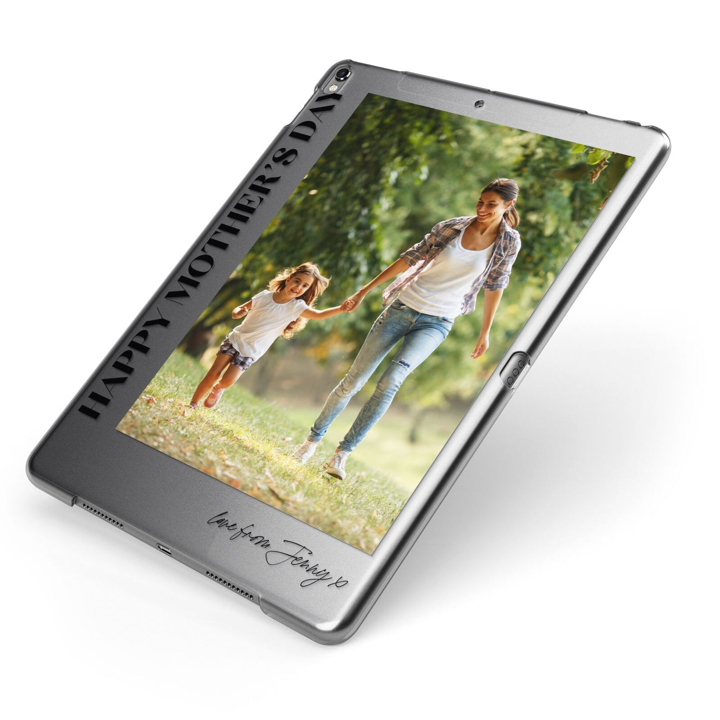 Mothers Day Photo with Text Apple iPad Case on Grey iPad Side View