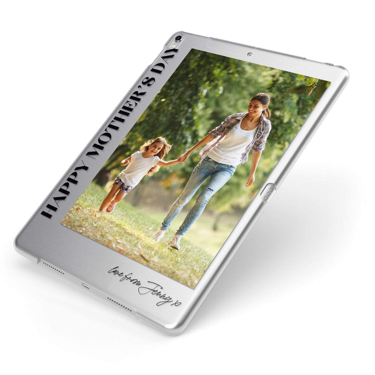 Mothers Day Photo with Text Apple iPad Case on Silver iPad Side View