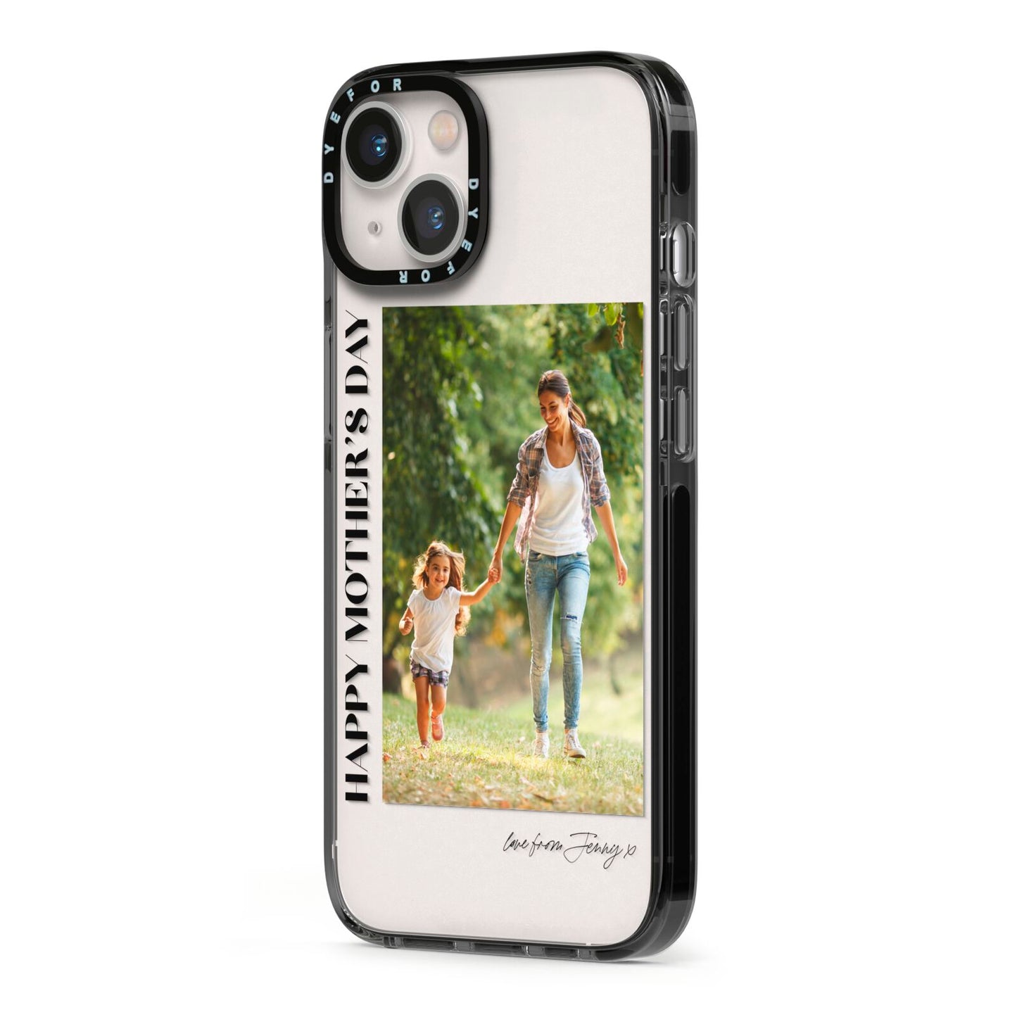 Mothers Day Photo with Text iPhone 13 Black Impact Case Side Angle on Silver phone