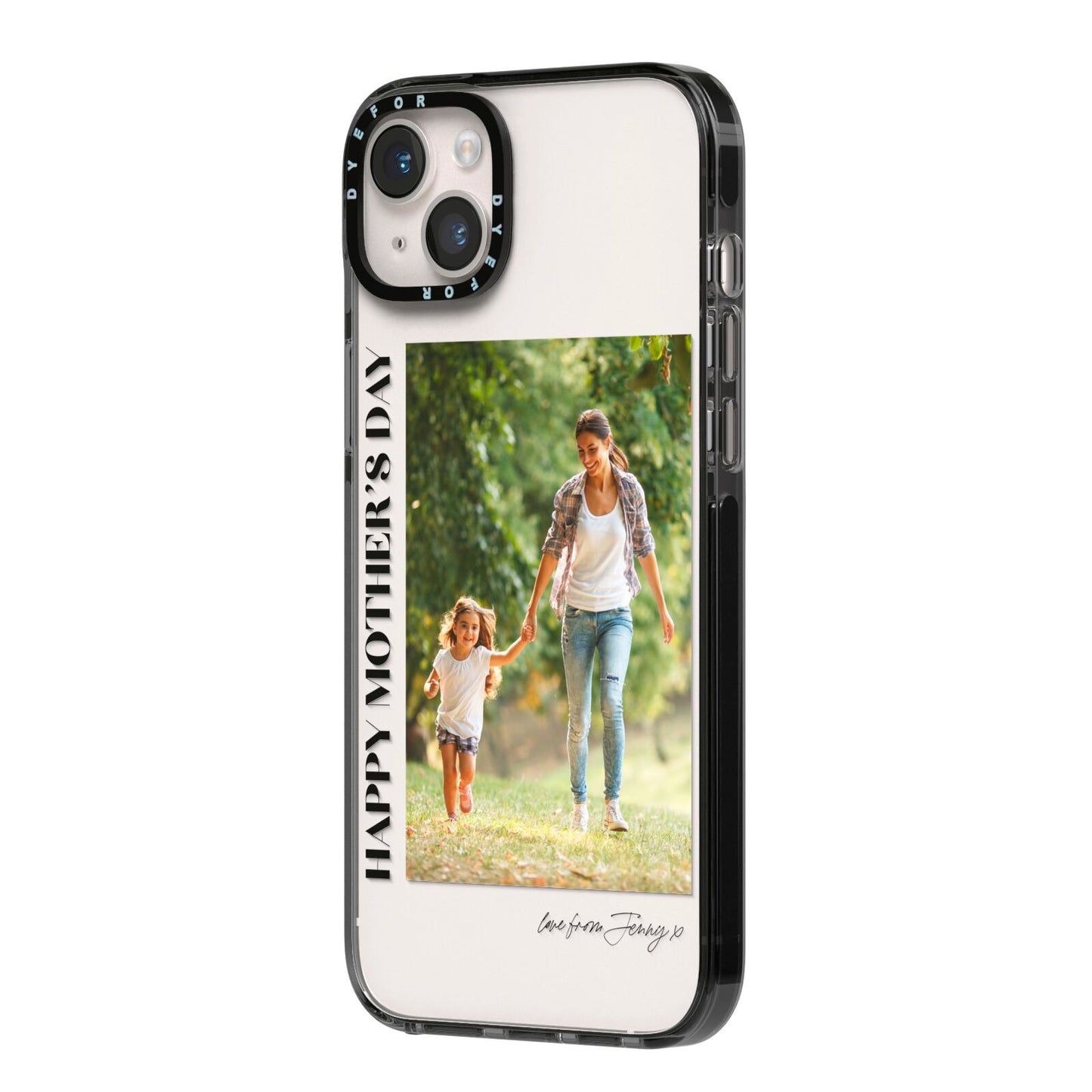 Mothers Day Photo with Text iPhone 14 Plus Black Impact Case Side Angle on Silver phone