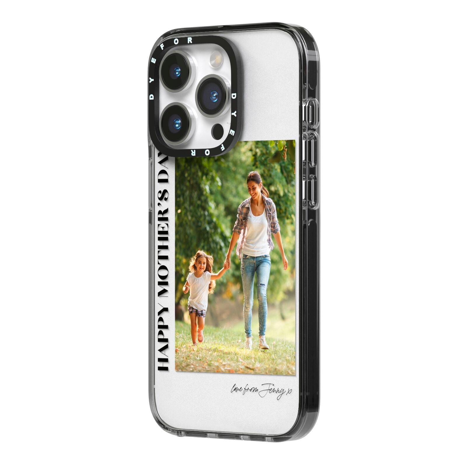 Mothers Day Photo with Text iPhone 14 Pro Black Impact Case Side Angle on Silver phone