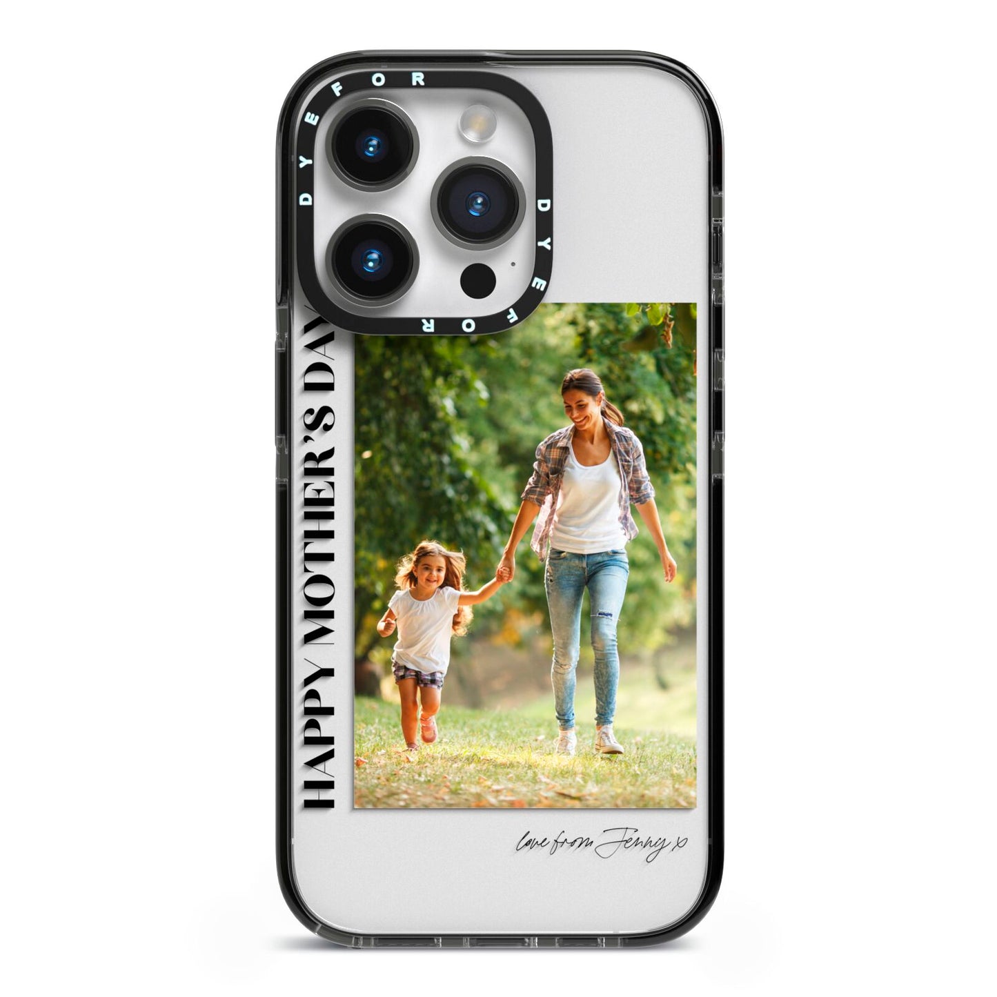 Mothers Day Photo with Text iPhone 14 Pro Black Impact Case on Silver phone