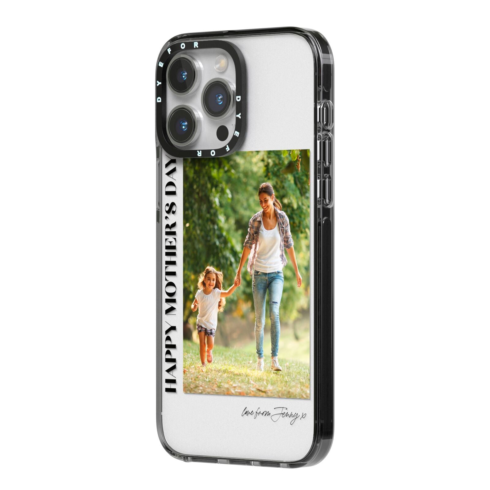 Mothers Day Photo with Text iPhone 14 Pro Max Black Impact Case Side Angle on Silver phone