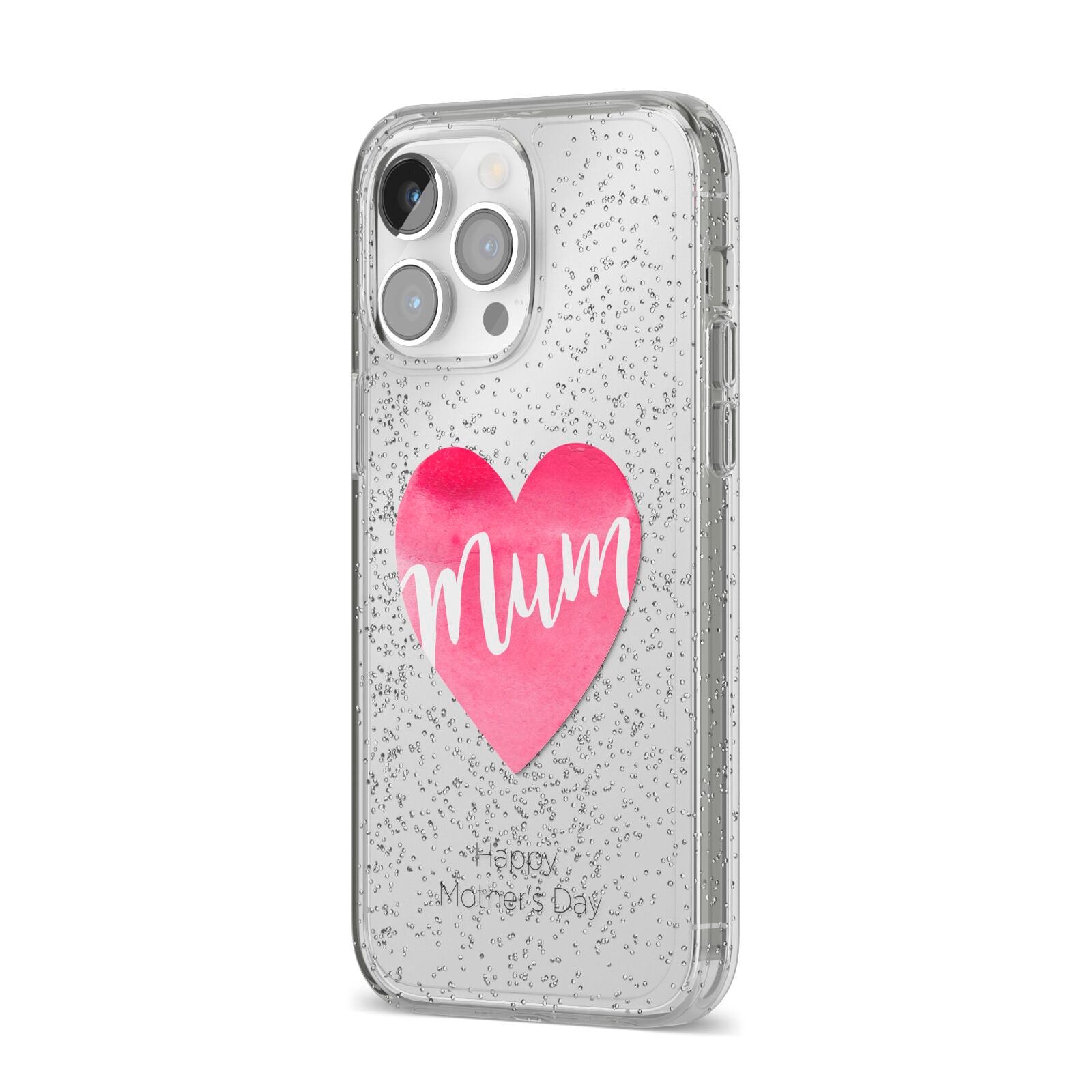 Mothers Day Watercolour Heart iPhone 14 Pro Max Glitter Tough Case Silver Angled Image