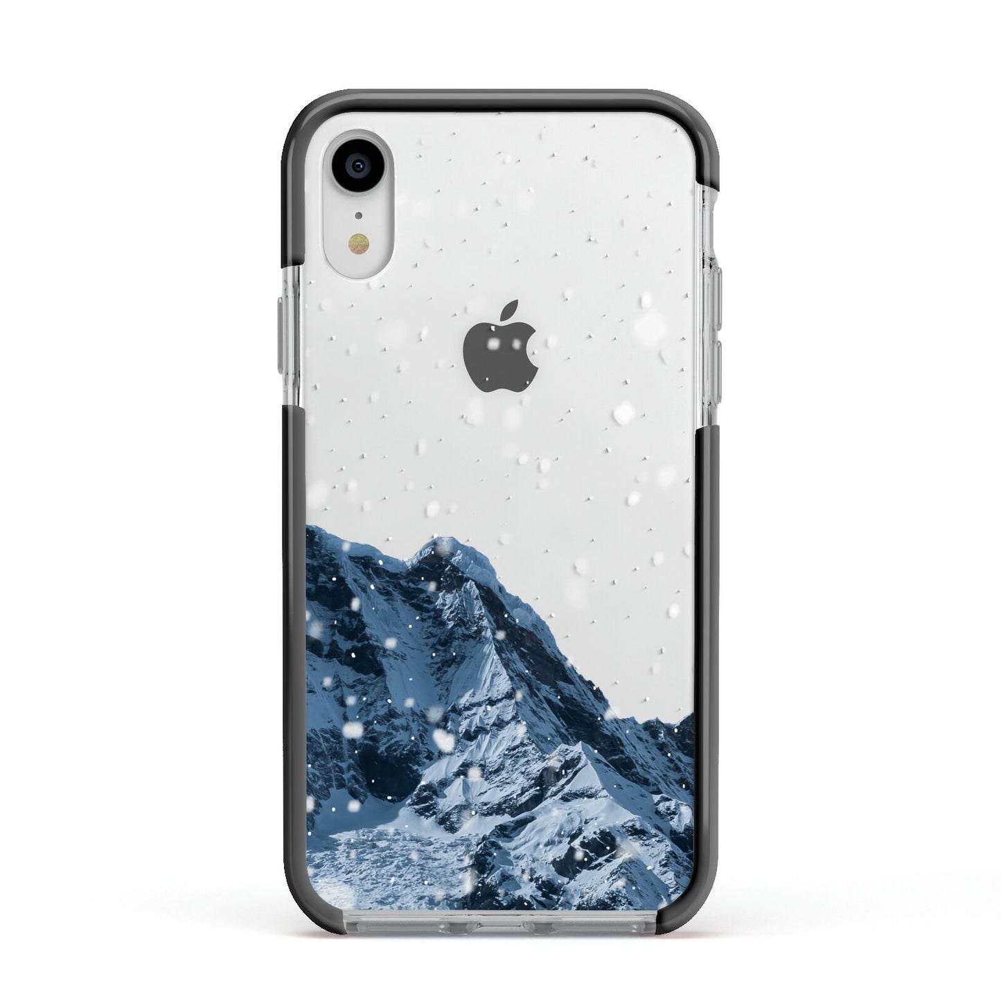 Mountain Snow Scene Apple iPhone XR Impact Case Black Edge on Silver Phone