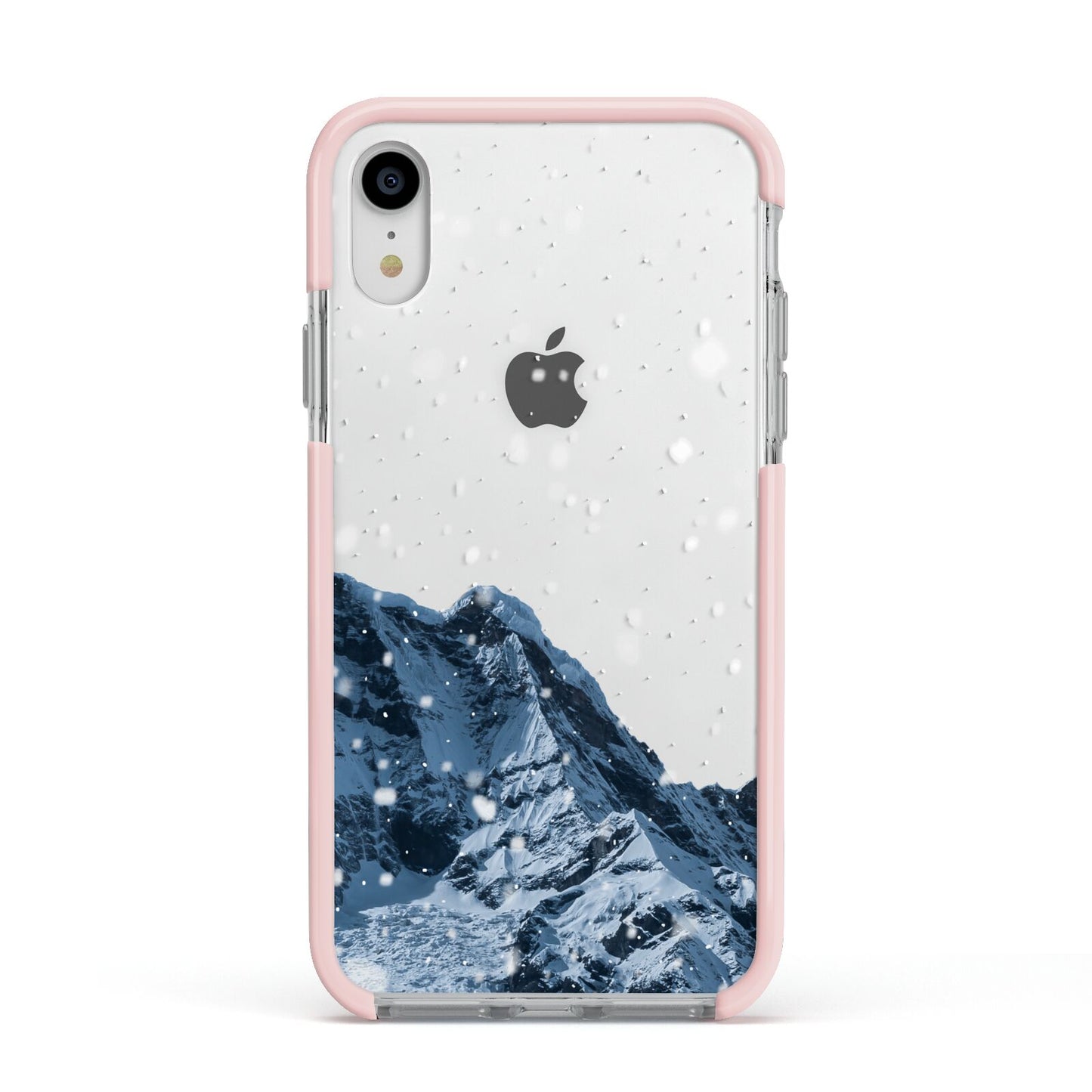 Mountain Snow Scene Apple iPhone XR Impact Case Pink Edge on Silver Phone