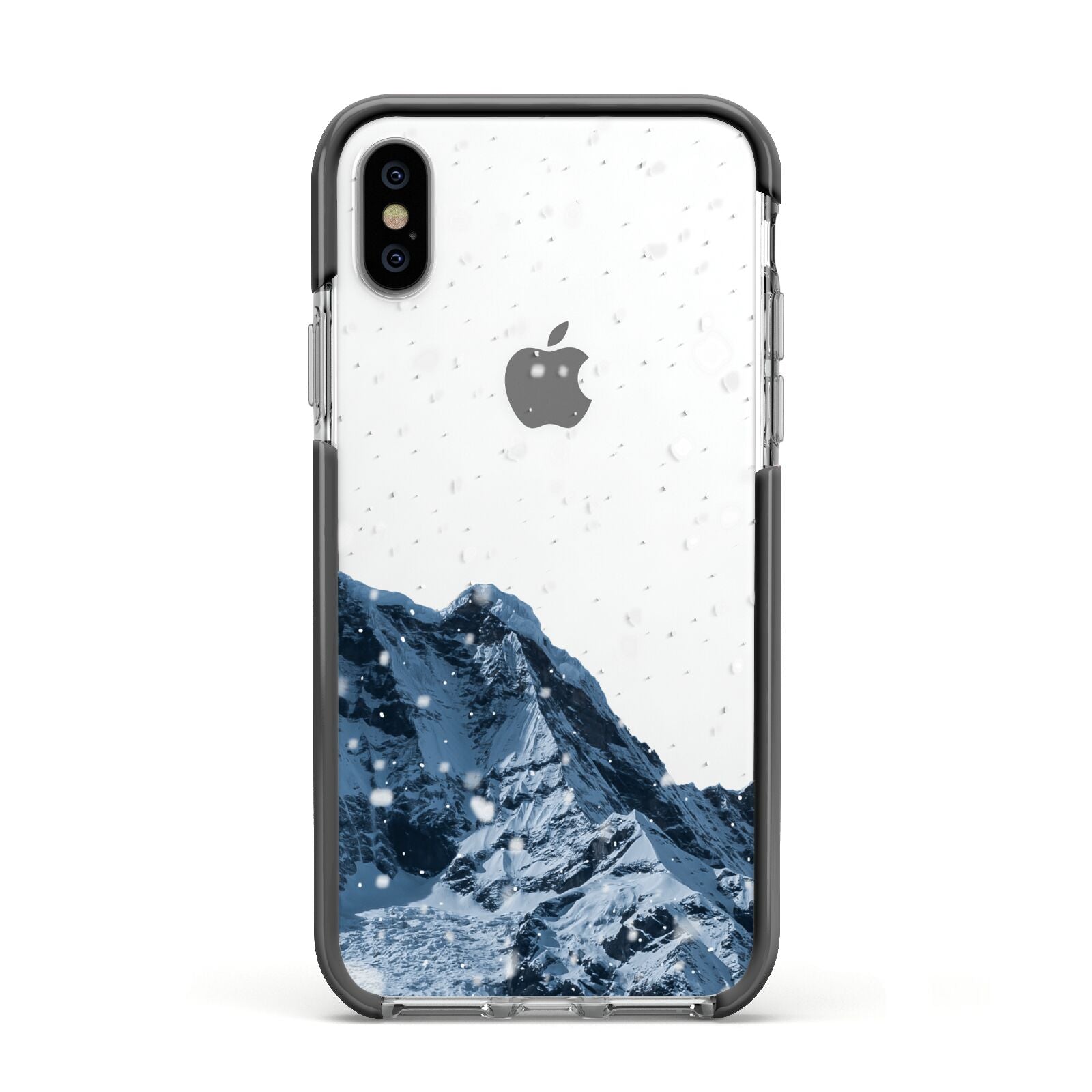 Mountain Snow Scene Apple iPhone Xs Impact Case Black Edge on Silver Phone