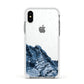 Mountain Snow Scene Apple iPhone Xs Impact Case White Edge on Silver Phone