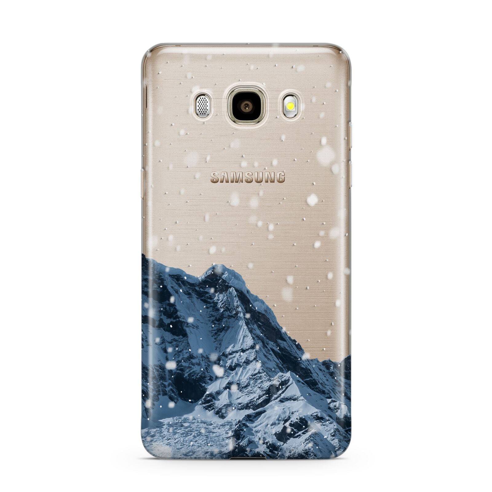 Mountain Snow Scene Samsung Galaxy J7 2016 Case on gold phone