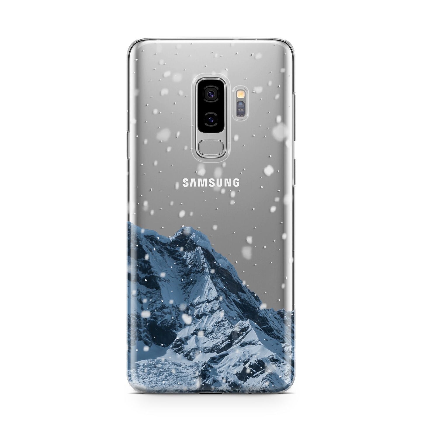 Mountain Snow Scene Samsung Galaxy S9 Plus Case on Silver phone