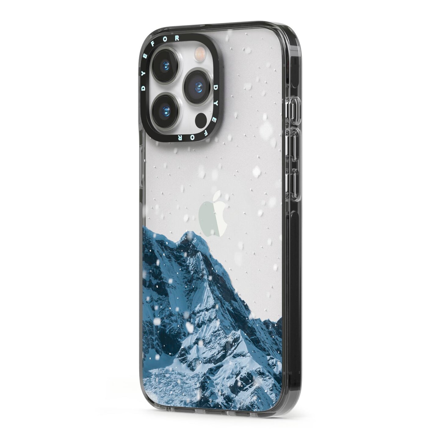 Mountain Snow Scene iPhone 13 Pro Black Impact Case Side Angle on Silver phone