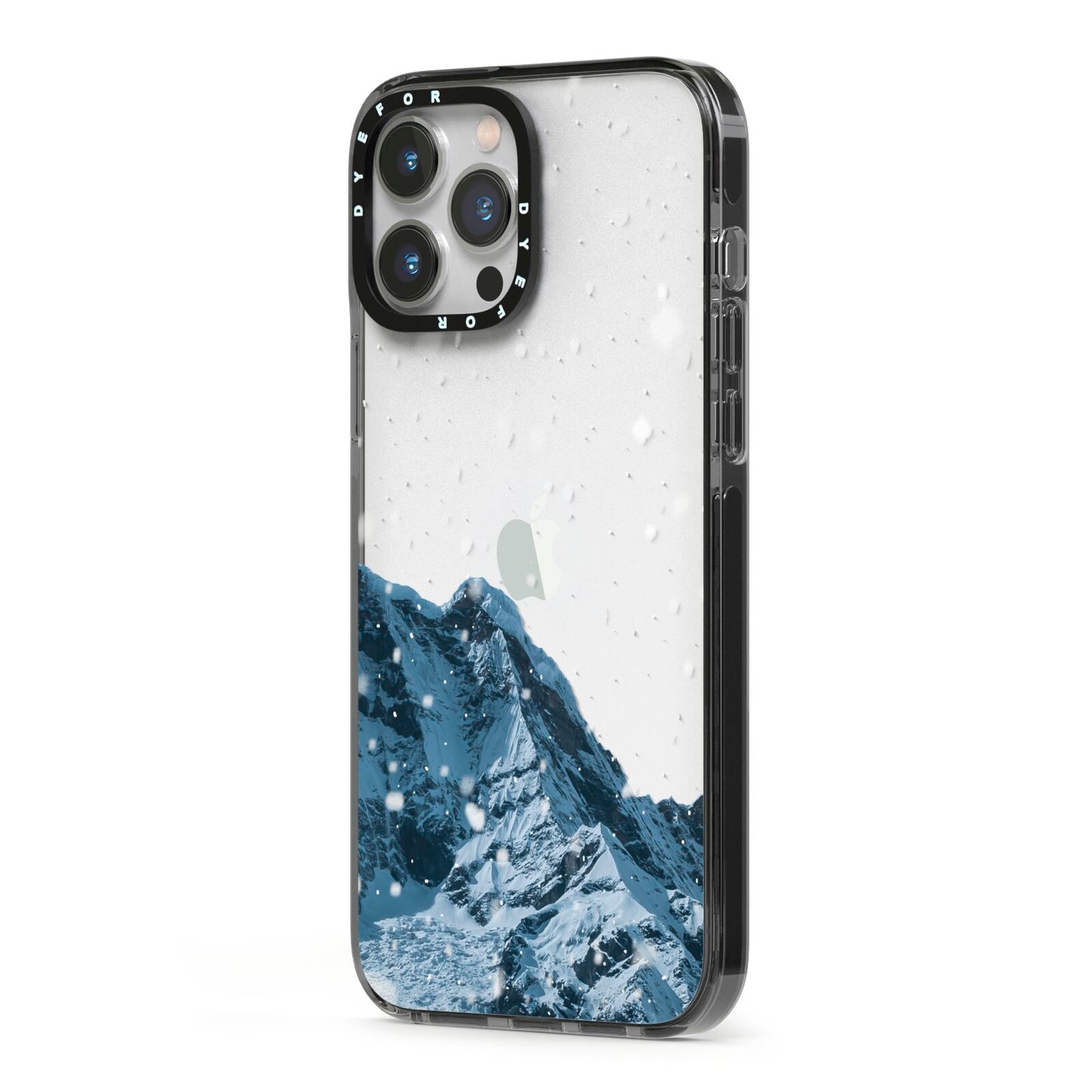 Mountain Snow Scene iPhone 13 Pro Max Black Impact Case Side Angle on Silver phone