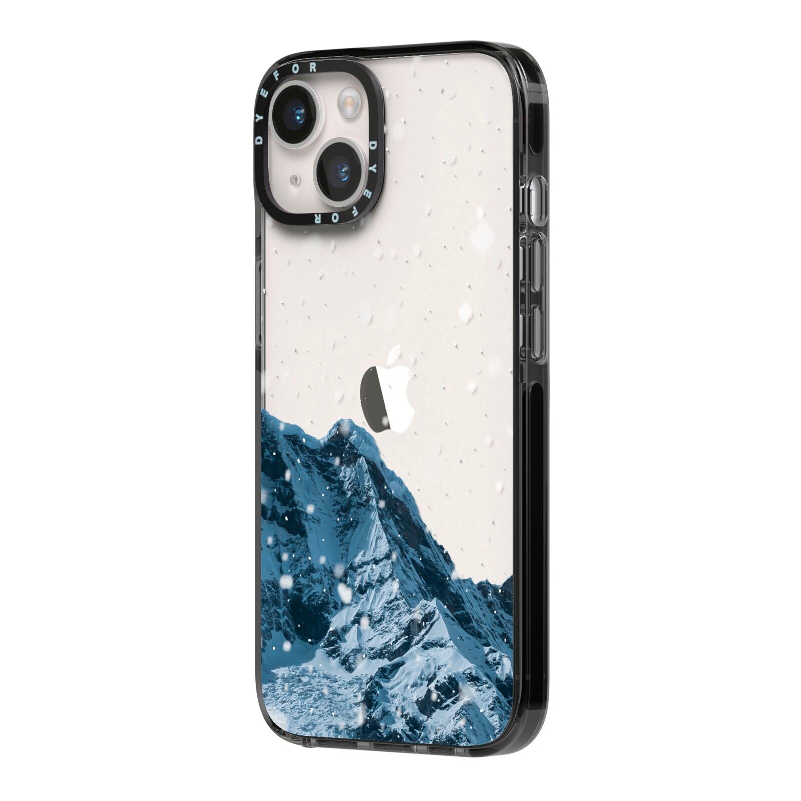 Mountain Snow Scene iPhone 14 Black Impact Case Side Angle on Silver phone