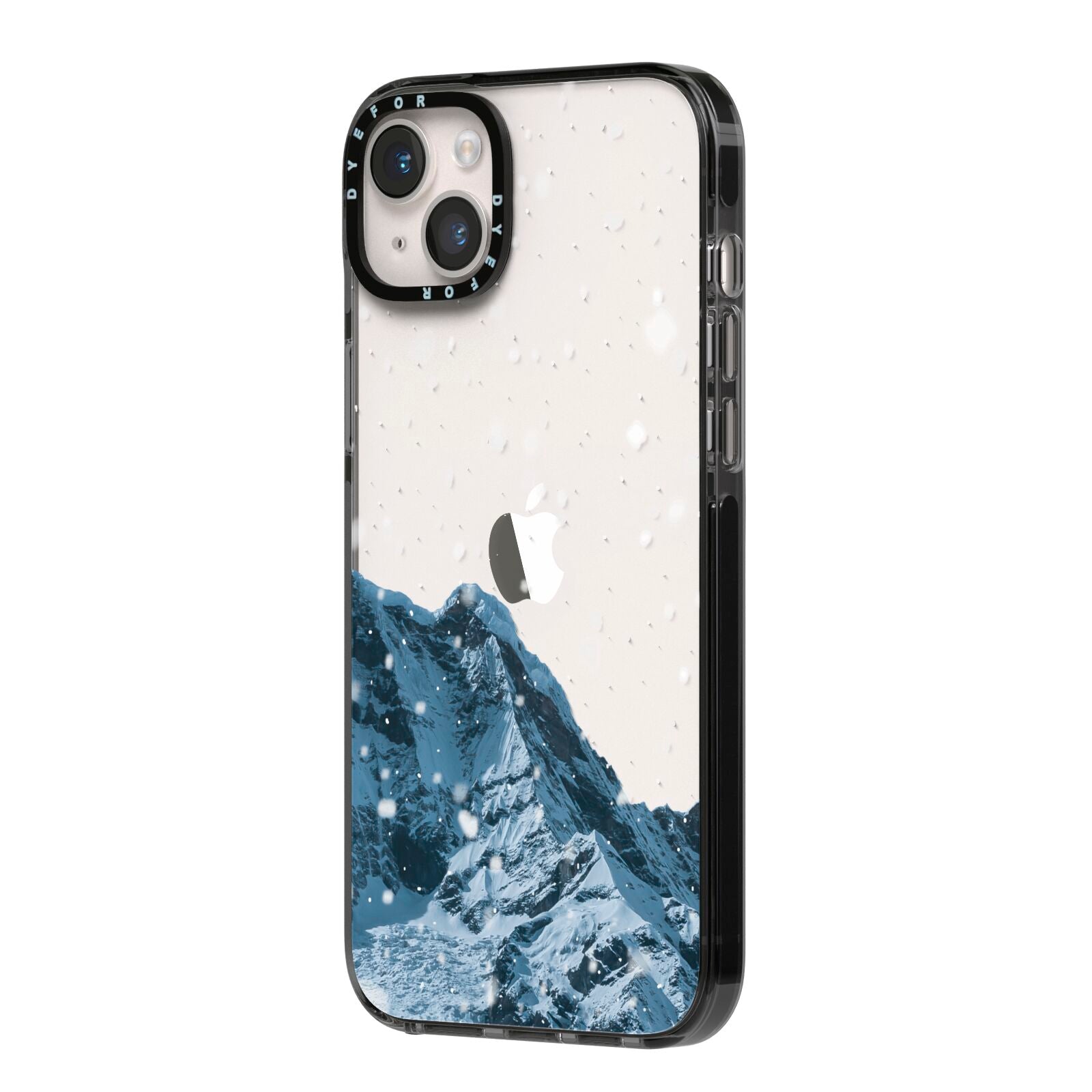 Mountain Snow Scene iPhone 14 Plus Black Impact Case Side Angle on Silver phone