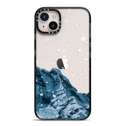 Mountain Snow Scene iPhone 14 Plus Black Impact Case on Silver phone
