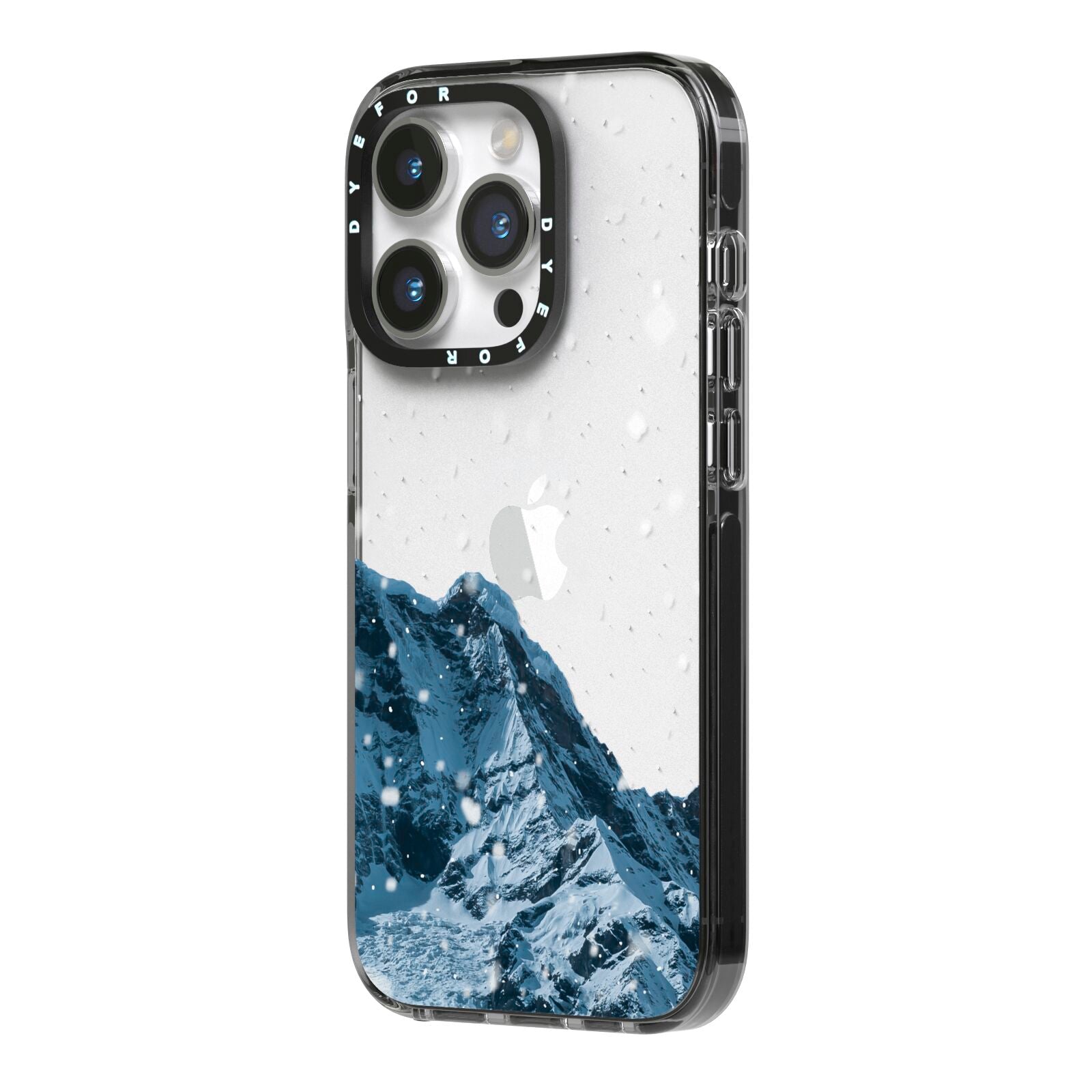 Mountain Snow Scene iPhone 14 Pro Black Impact Case Side Angle on Silver phone