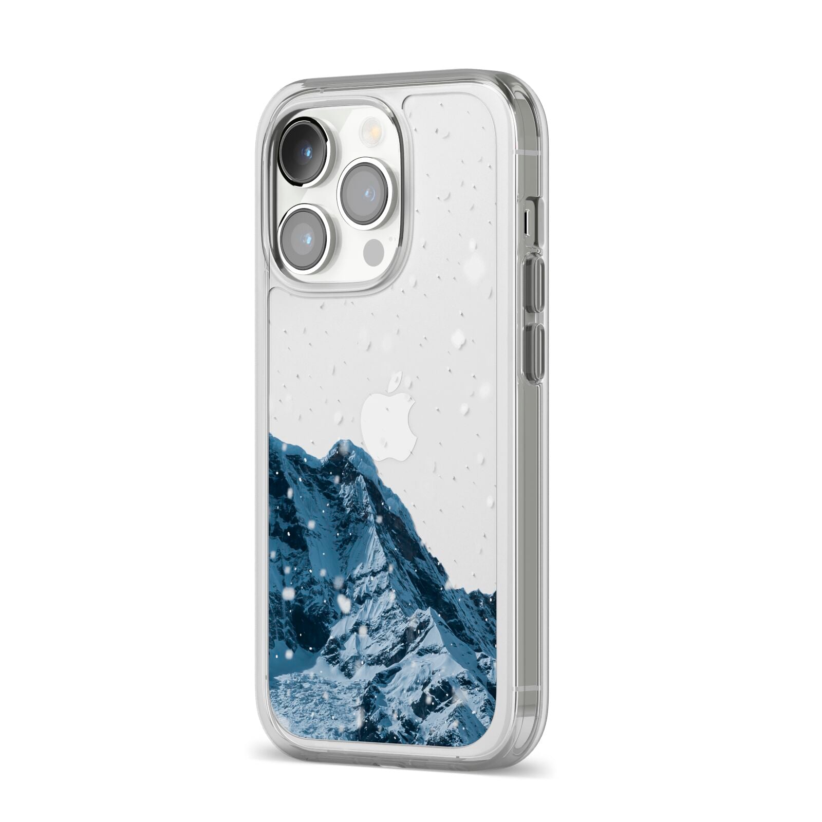 Mountain Snow Scene iPhone 14 Pro Clear Tough Case Silver Angled Image