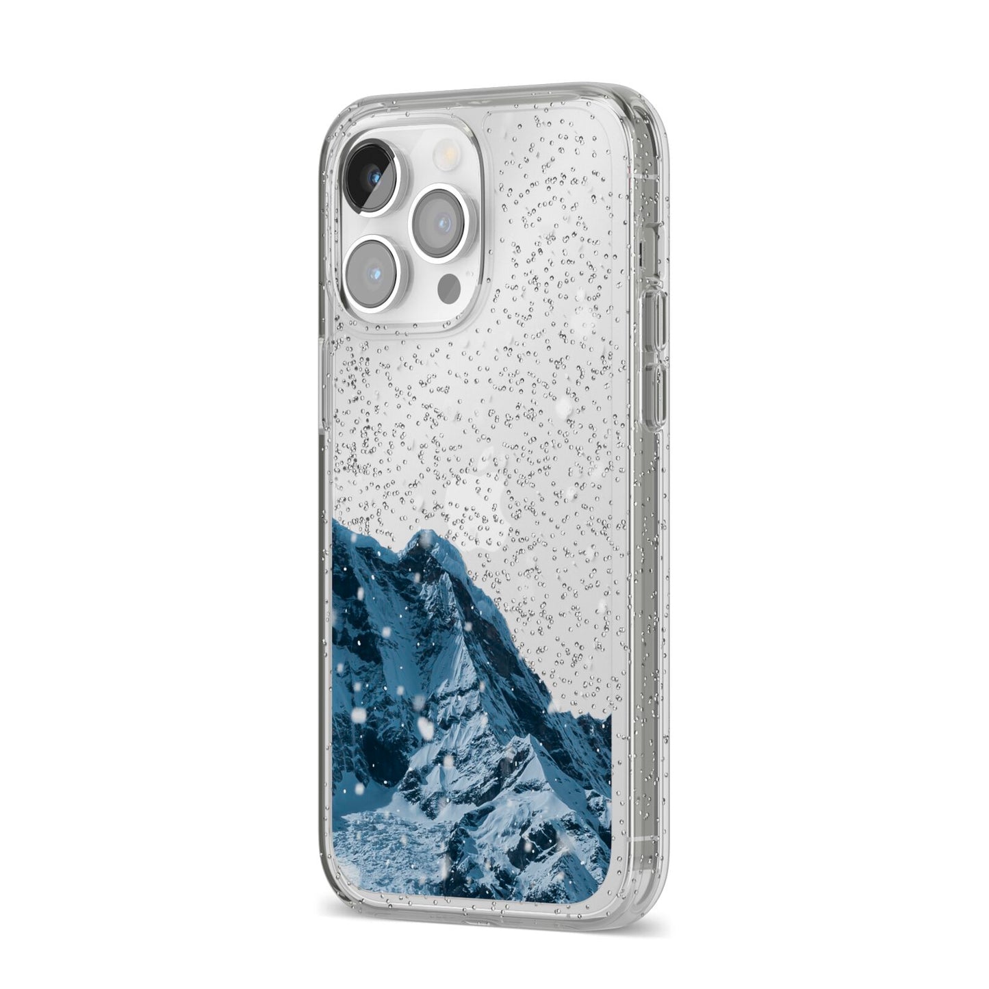 Mountain Snow Scene iPhone 14 Pro Max Glitter Tough Case Silver Angled Image