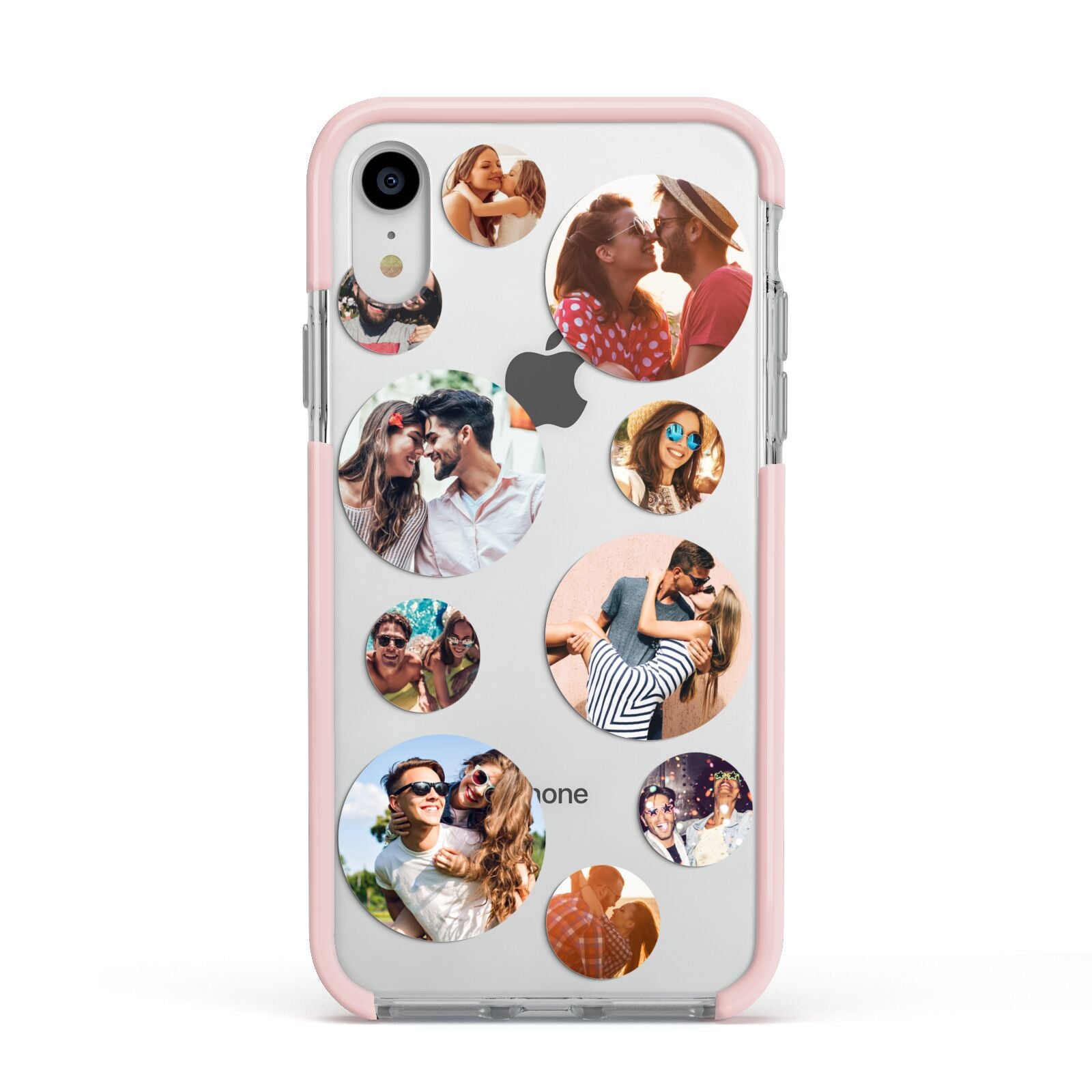 Multi Circular Photo Collage Upload Apple iPhone XR Impact Case Pink Edge on Silver Phone