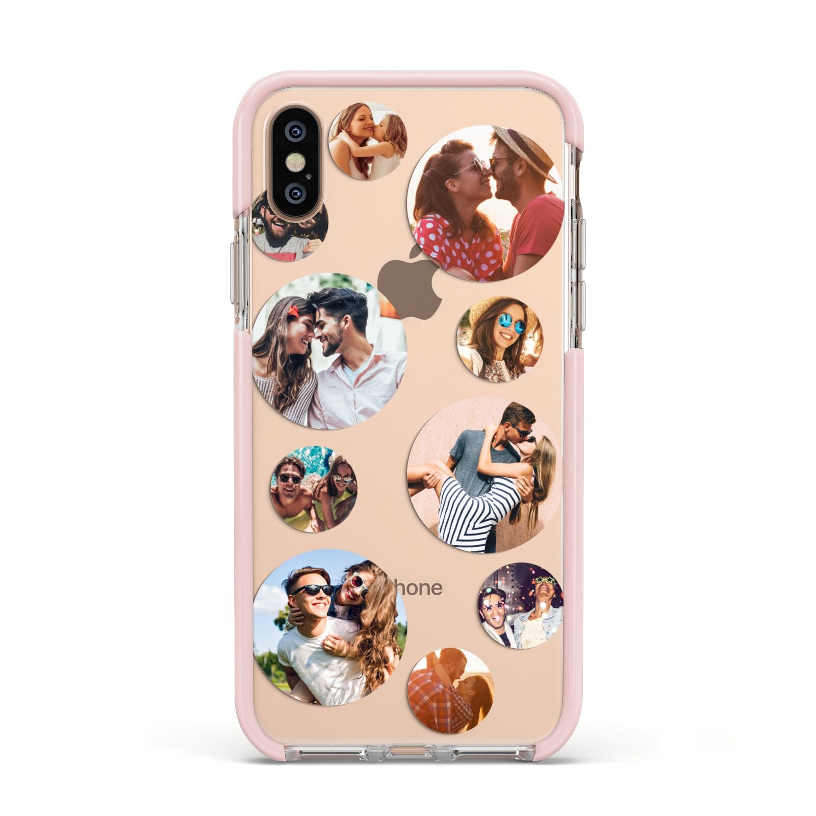 Multi Circular Photo Collage Upload Apple iPhone Xs Impact Case Pink Edge on Gold Phone