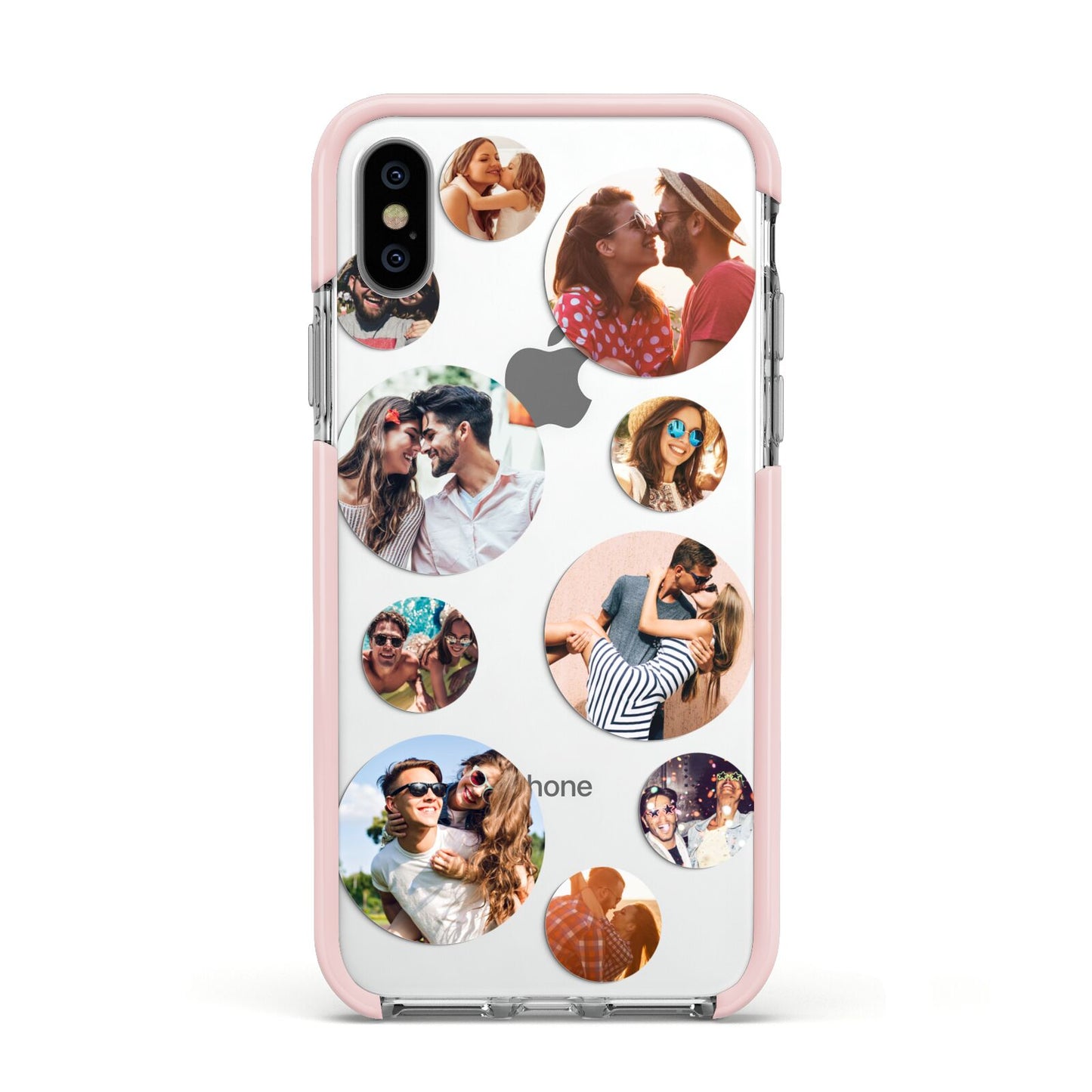 Multi Circular Photo Collage Upload Apple iPhone Xs Impact Case Pink Edge on Silver Phone